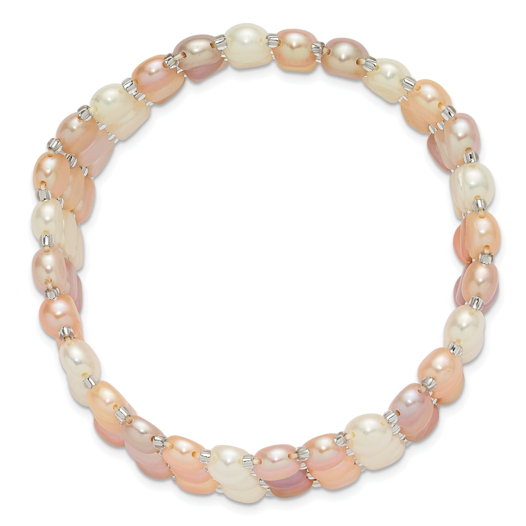 6-7mm Button White/Pink/Peach Freshwater Cultured Pearl and Glass Beaded 3-row Stretch Bracelet Secondary image