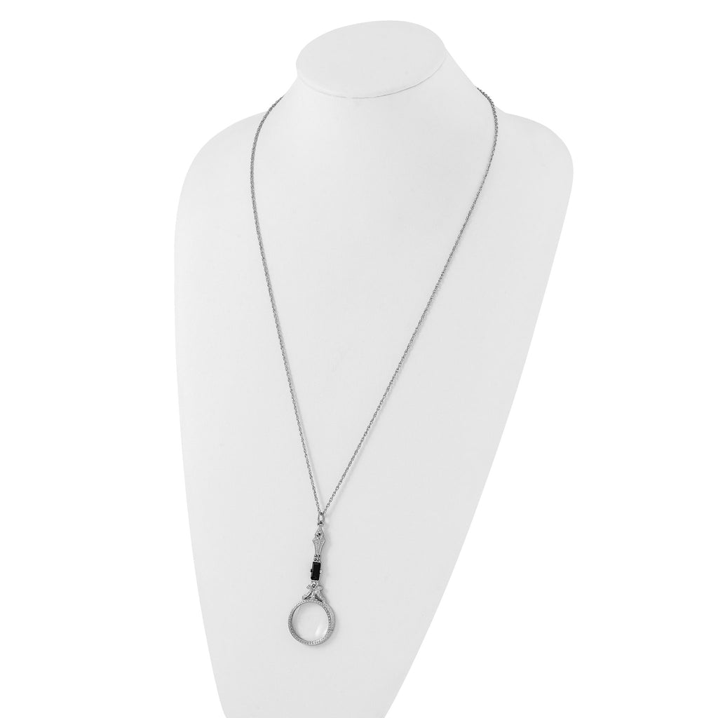 1928 Jewelry Silver-tone Black Glass Stone and Marcasite Vintage Handle 4-5X Magnifying Glass 28 inch Necklace