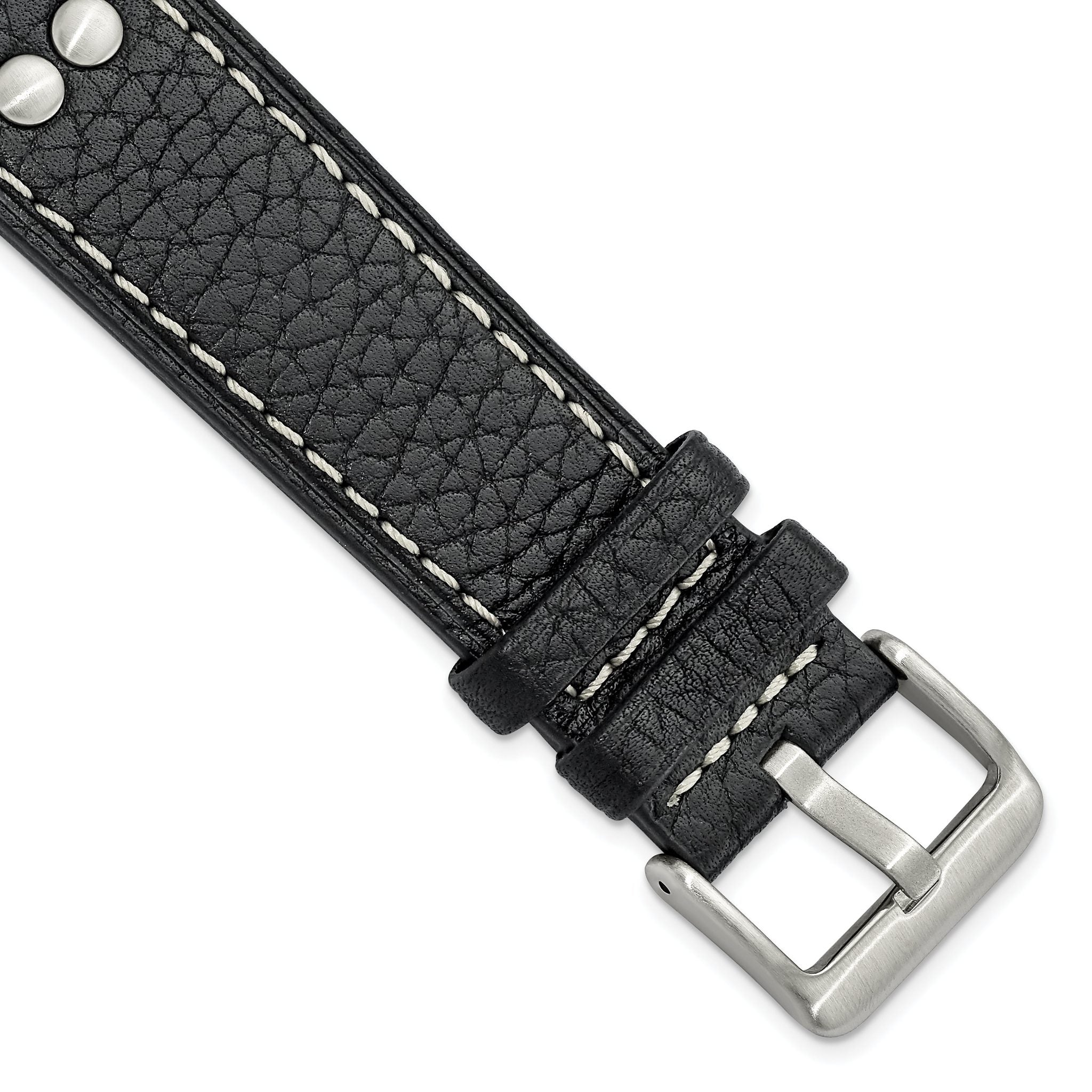 22mm Black Flat Stitched Calfskin Leather with Studs and Stainless Steel Buckle 8 inch Watch Band Main image