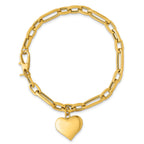 14k Polished Paperclip Figaro Link With Puffed Heart Dangle 7.5 inch Bracelet
