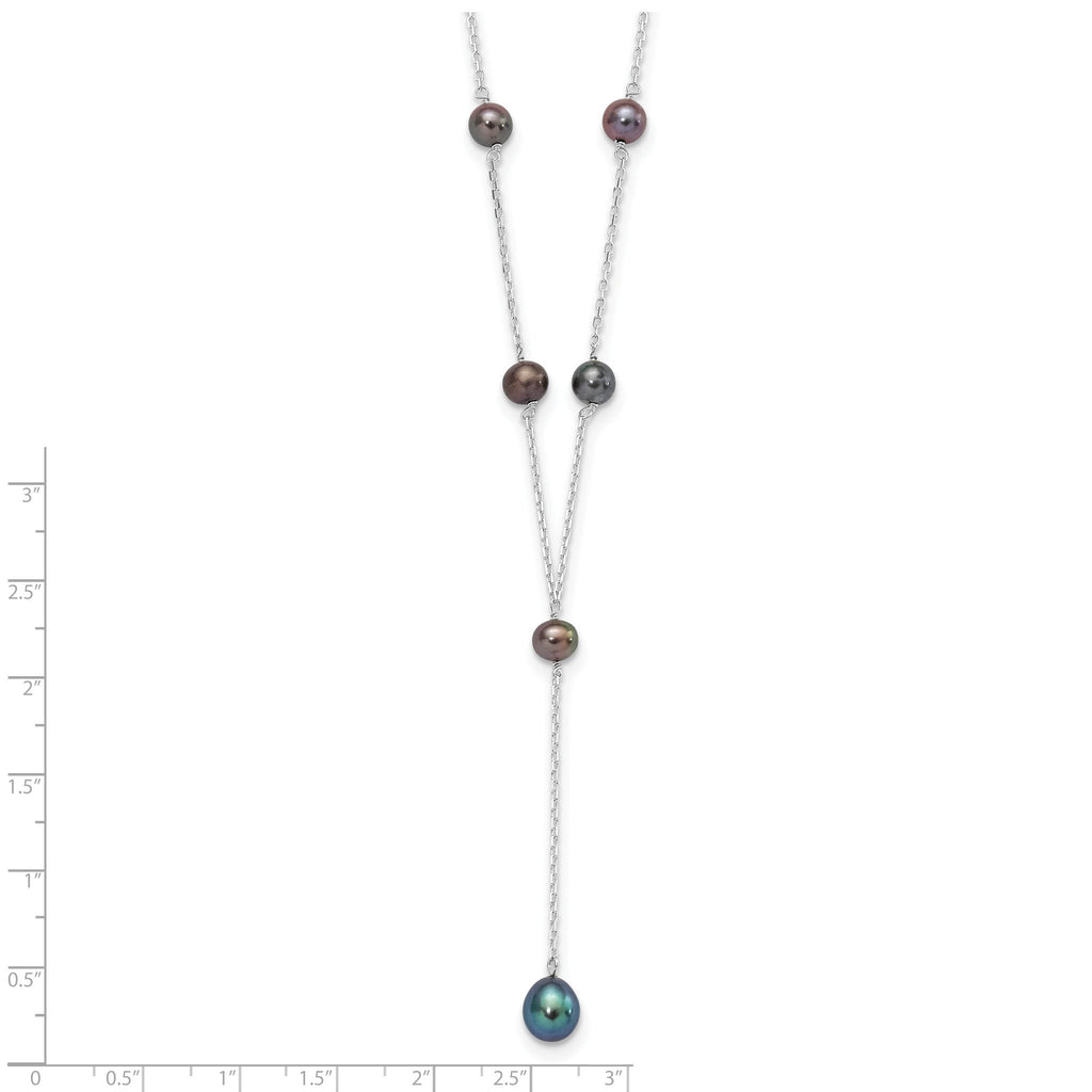 Sterling Silver Rhodium-plated 6-8mm Black Teardrop and Semi-Round Freshwater Cultured Pearl 6-Station Y-Drop 16 inch Necklace