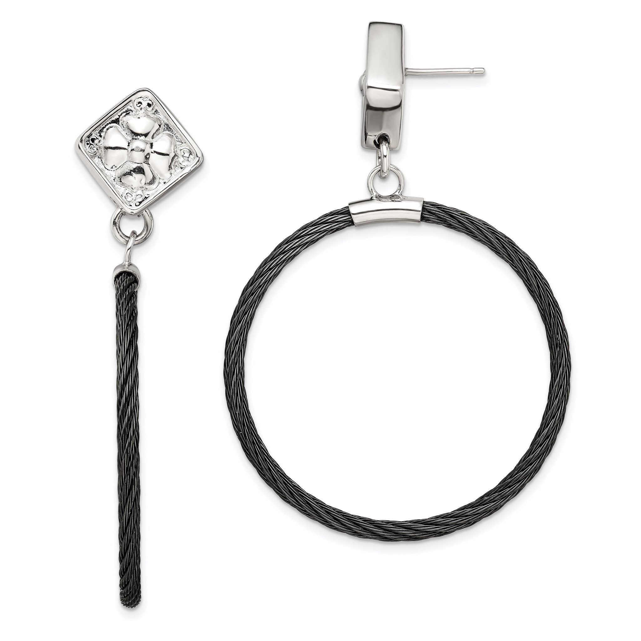 Edward Mirell Black Ti Cable and Sterling Silver Floral Post Dangle Earrings Main image