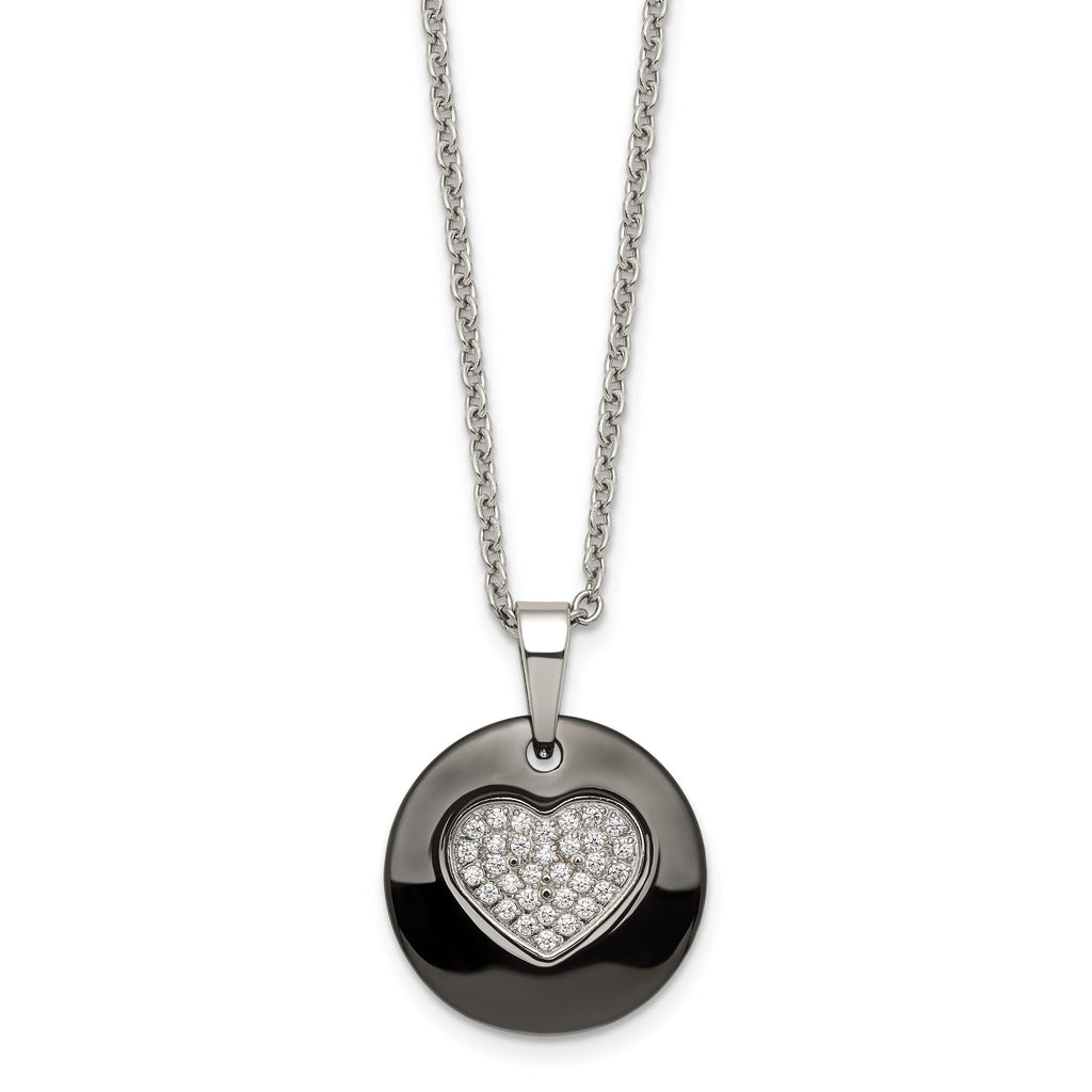 Black Ceramic Heart CZ Necklace in Stainless Steel