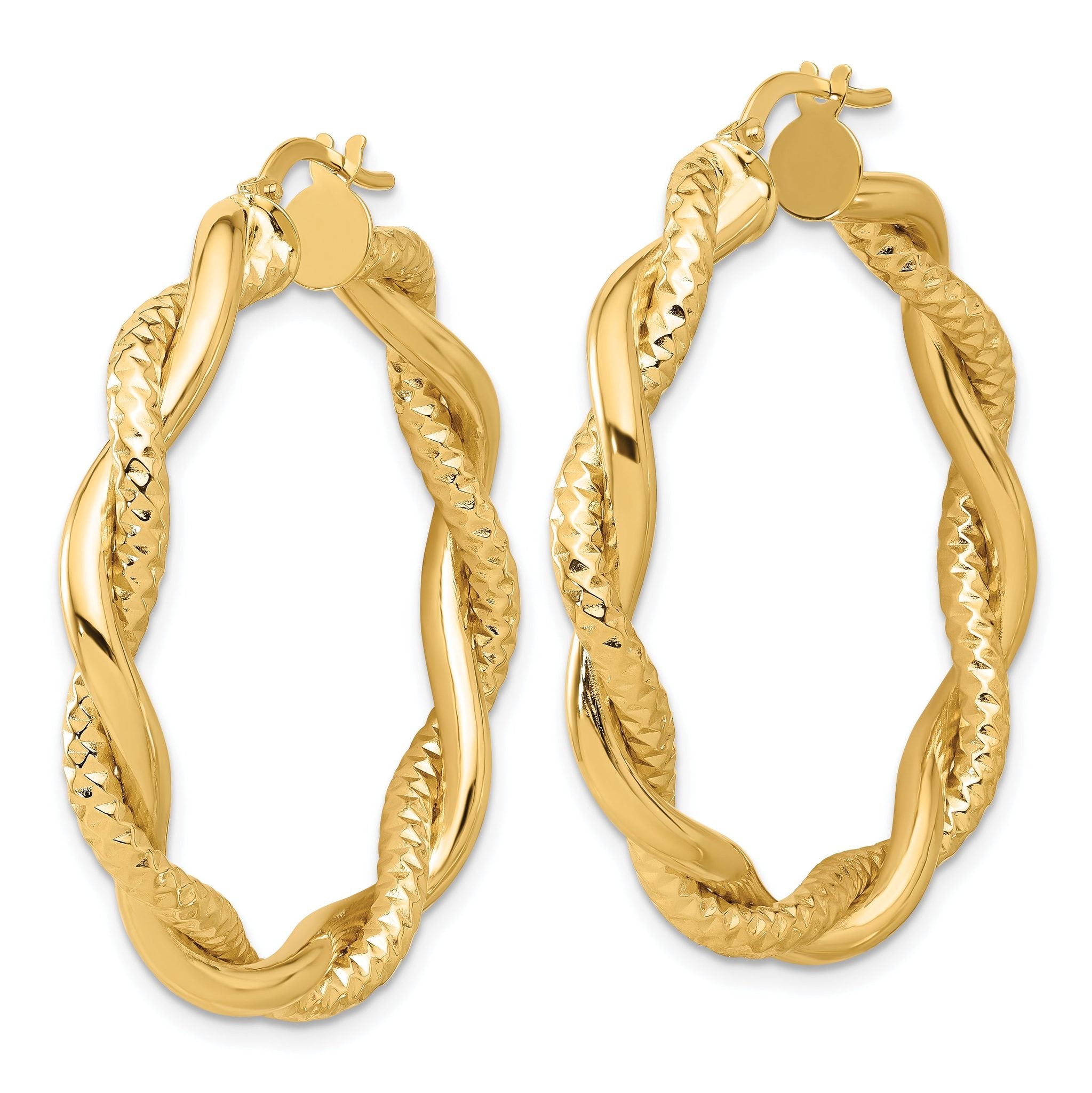14K Polished and Textured Twisted Round Hoop Earrings