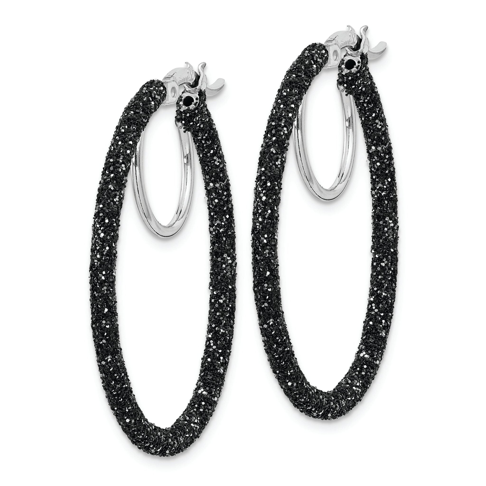 Sterling Silver Rhodium/Black Glitter Enamel 2x30mm Hoop Earrings Secondary image