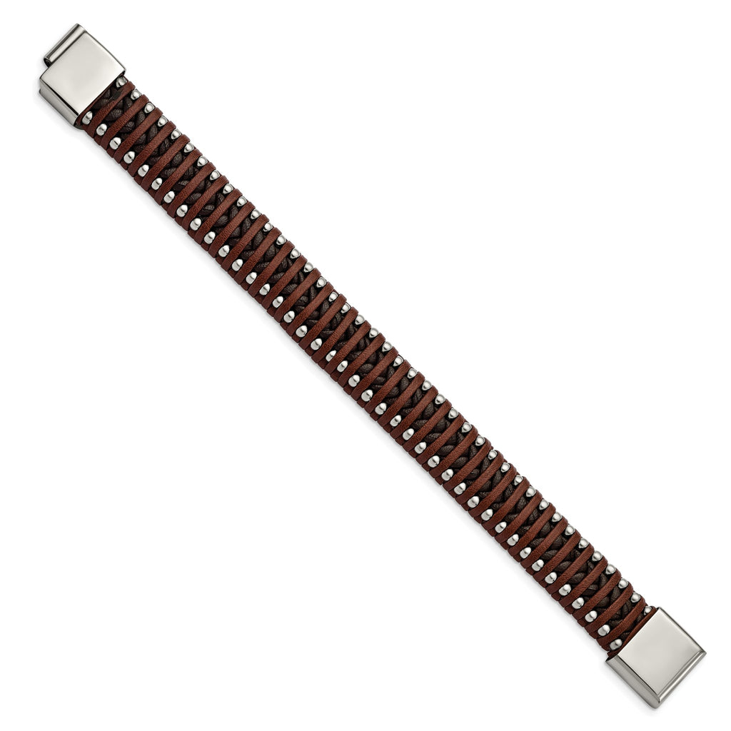 Stainless Steel Polished Beaded Brown Leather Bracelet for Men