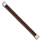 Stainless Steel Polished Beaded Brown Leather Bracelet for Men