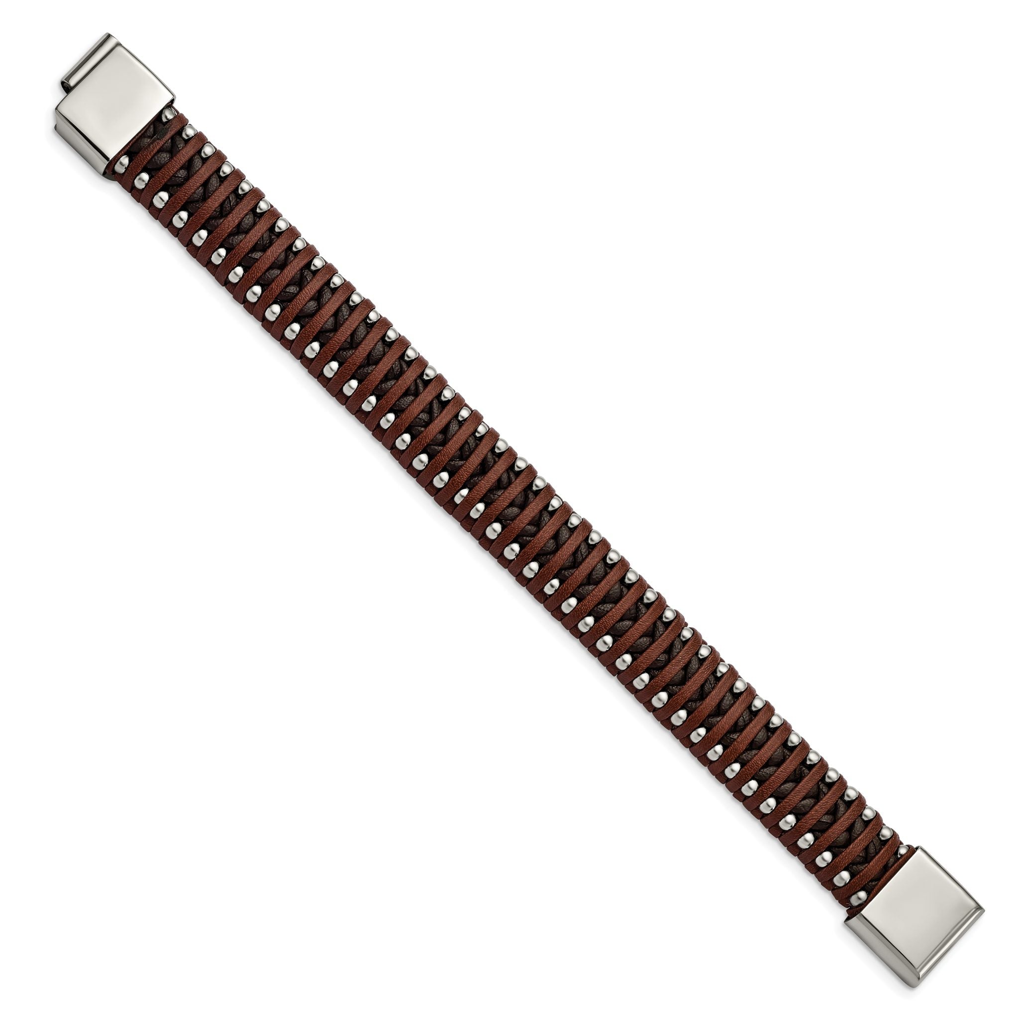 Stainless Steel Polished Beaded Brown Leather Bracelet for Men