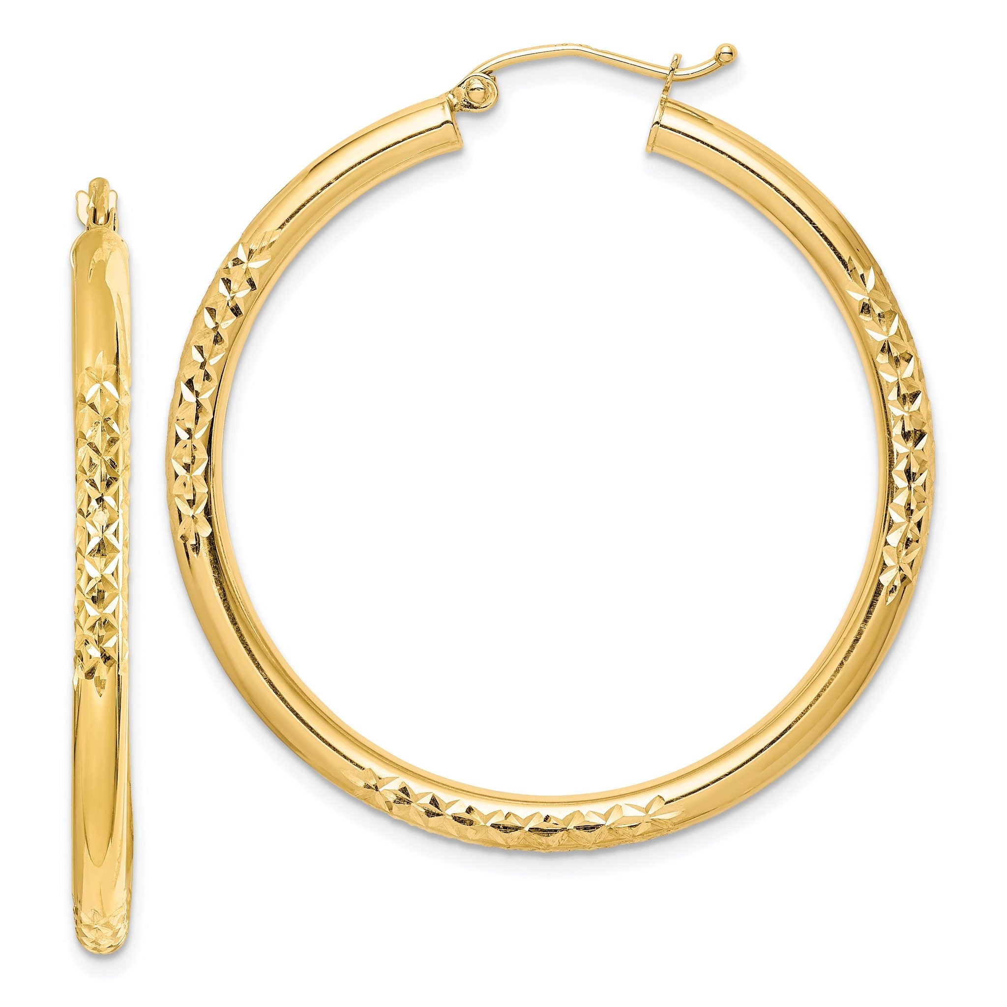 10K Diamond Cut 3x40mm Hollow Tube Hoop Earrings Main image