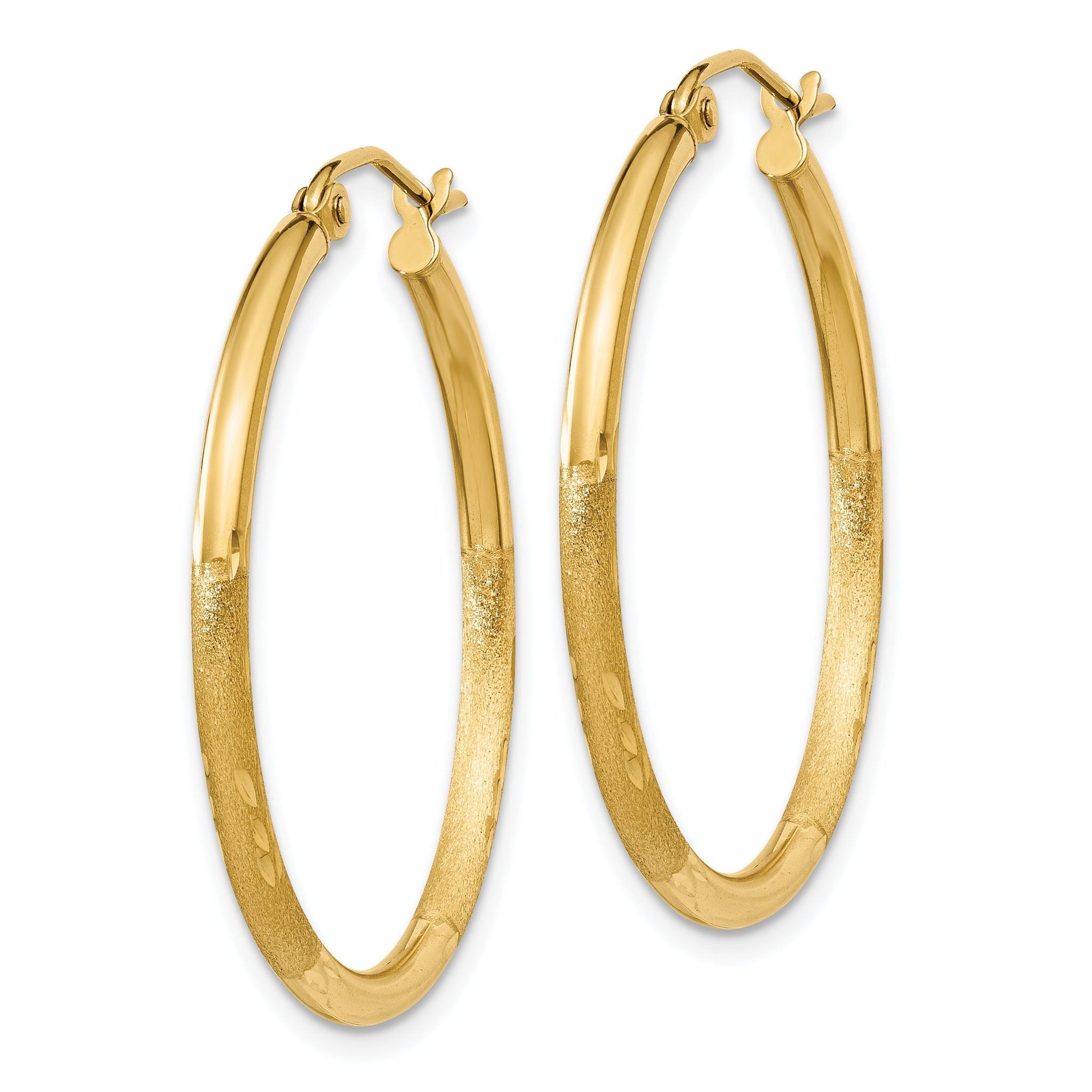 14k Satin and Diamond-cut 2mm Round Tube Hoop Earrings Secondary image