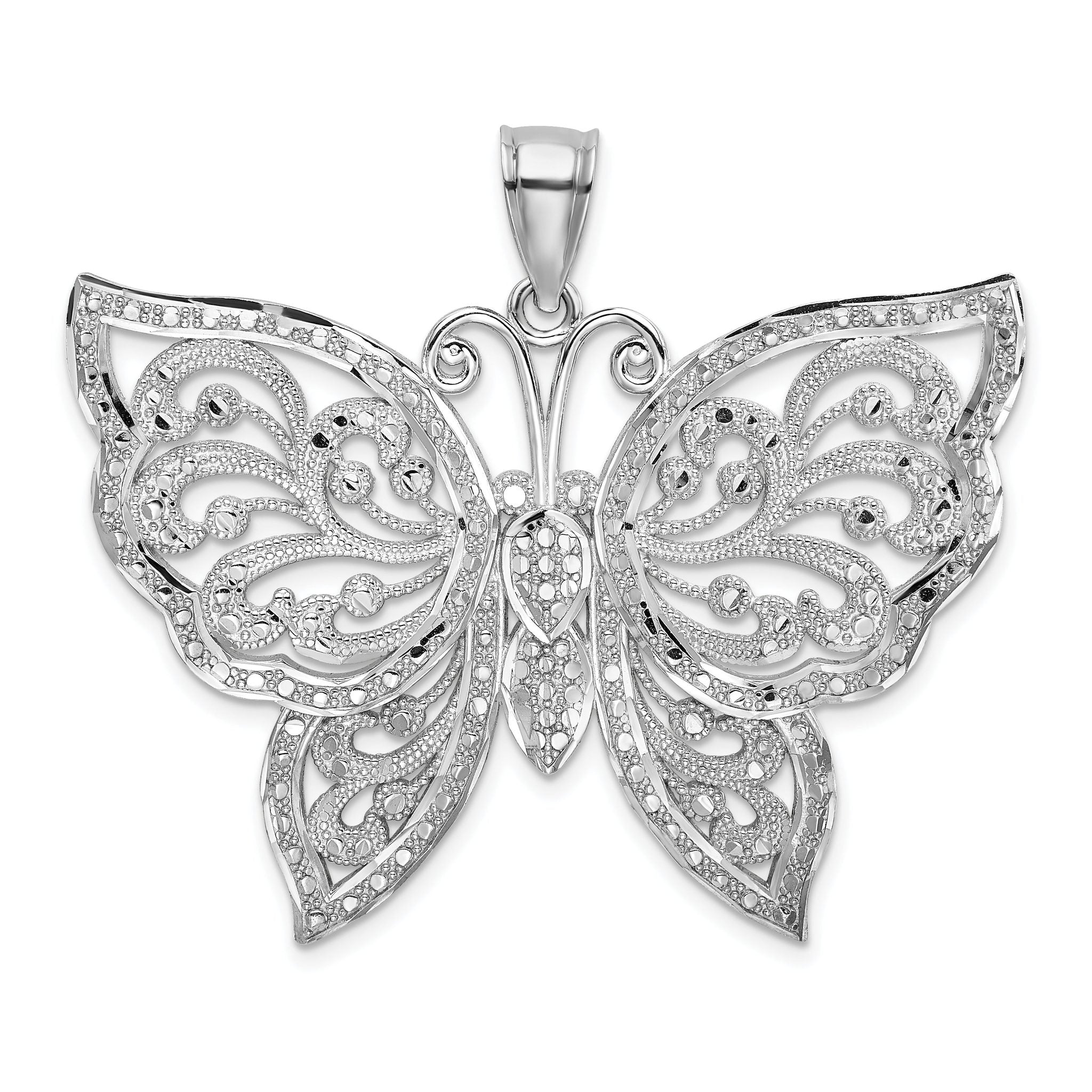 14K White Gold Large Diamond-cut Beaded Butterfly Pendant Main image