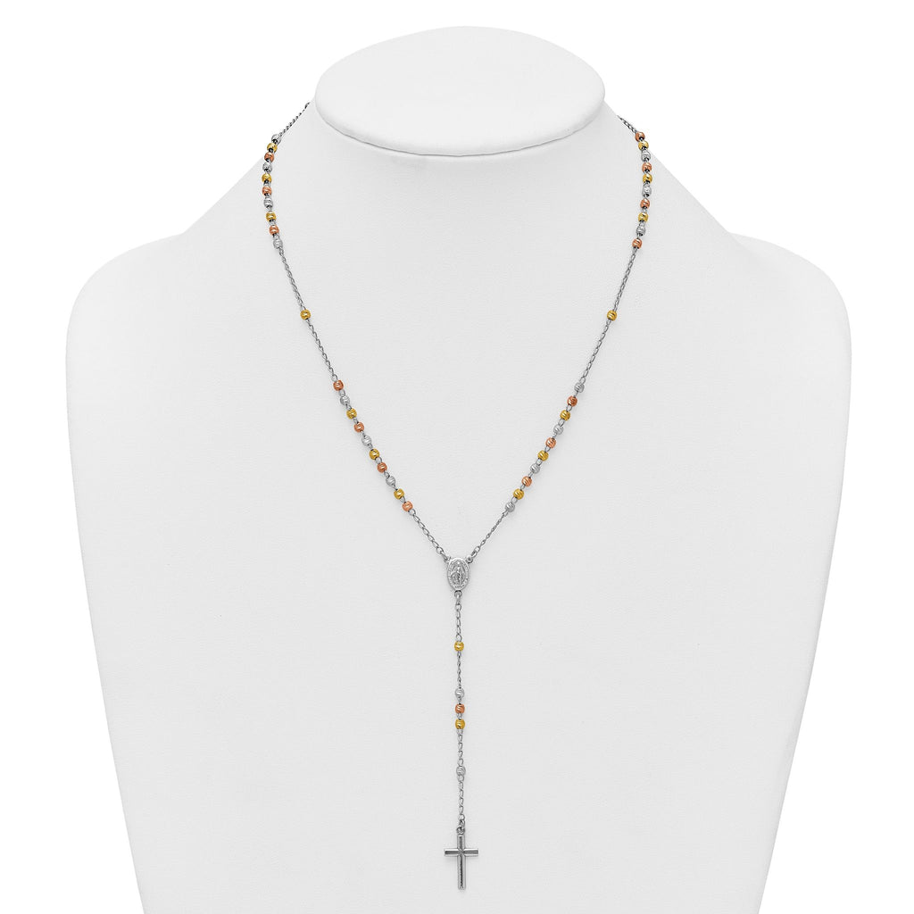 Sterling Silver Rhodium-plated Diamond-cut Tri-color Gold-plated 18.5 inch with 1 inch extender Rosary Necklace