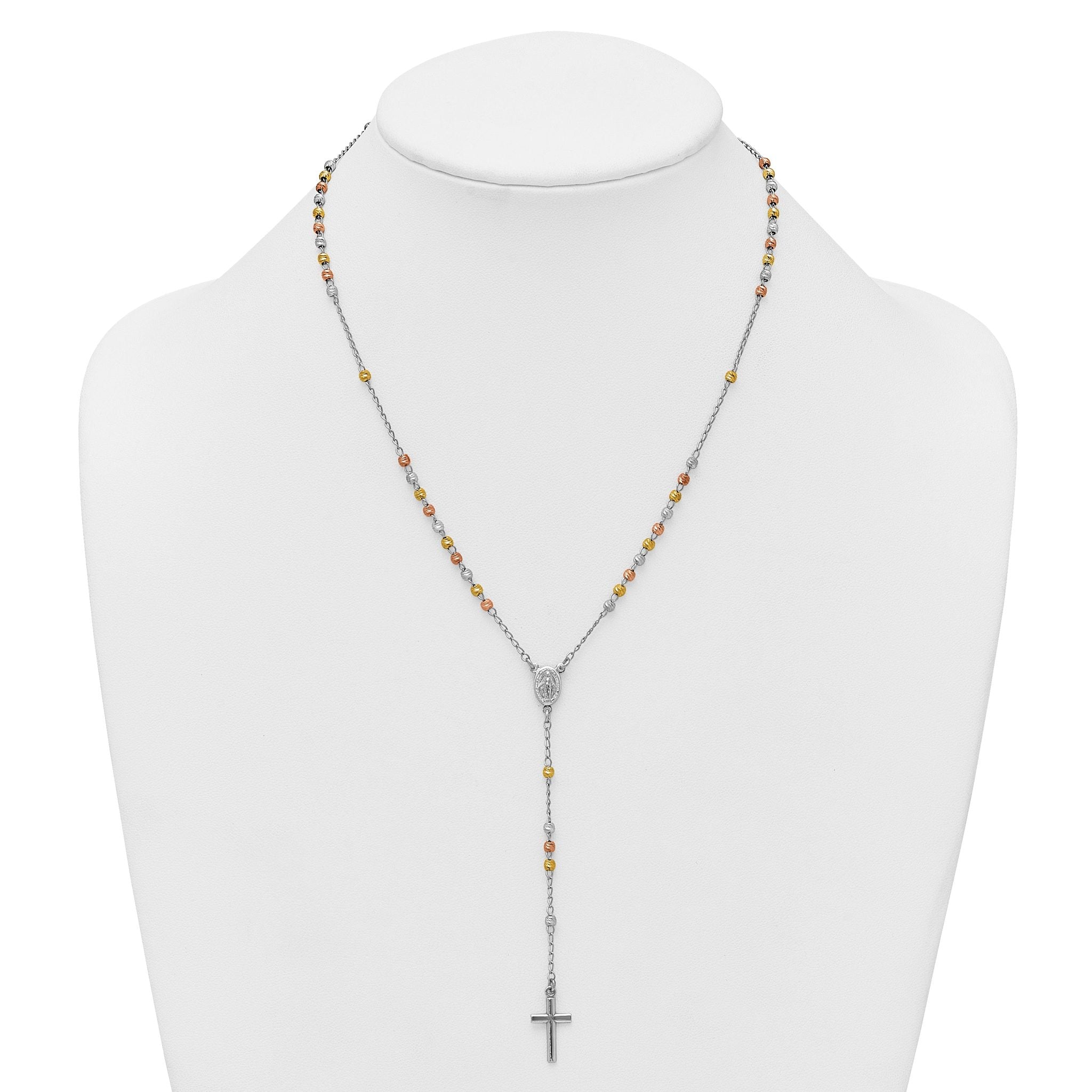 Sterling Silver Rhodium-plated Diamond-cut Tri-color Gold-plated 18.5 inch with 1 inch extender Rosary Necklace