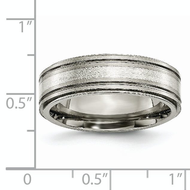 Titanium Silver Inlay Unisex Wedding Band with Polished Ridged Edge