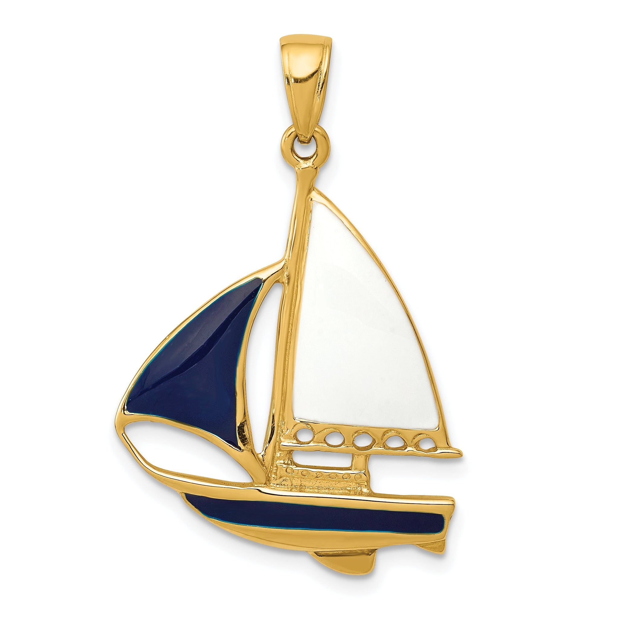 14K Gold Sailboat Pendant with Blue & White Enamel, Nautical Charm