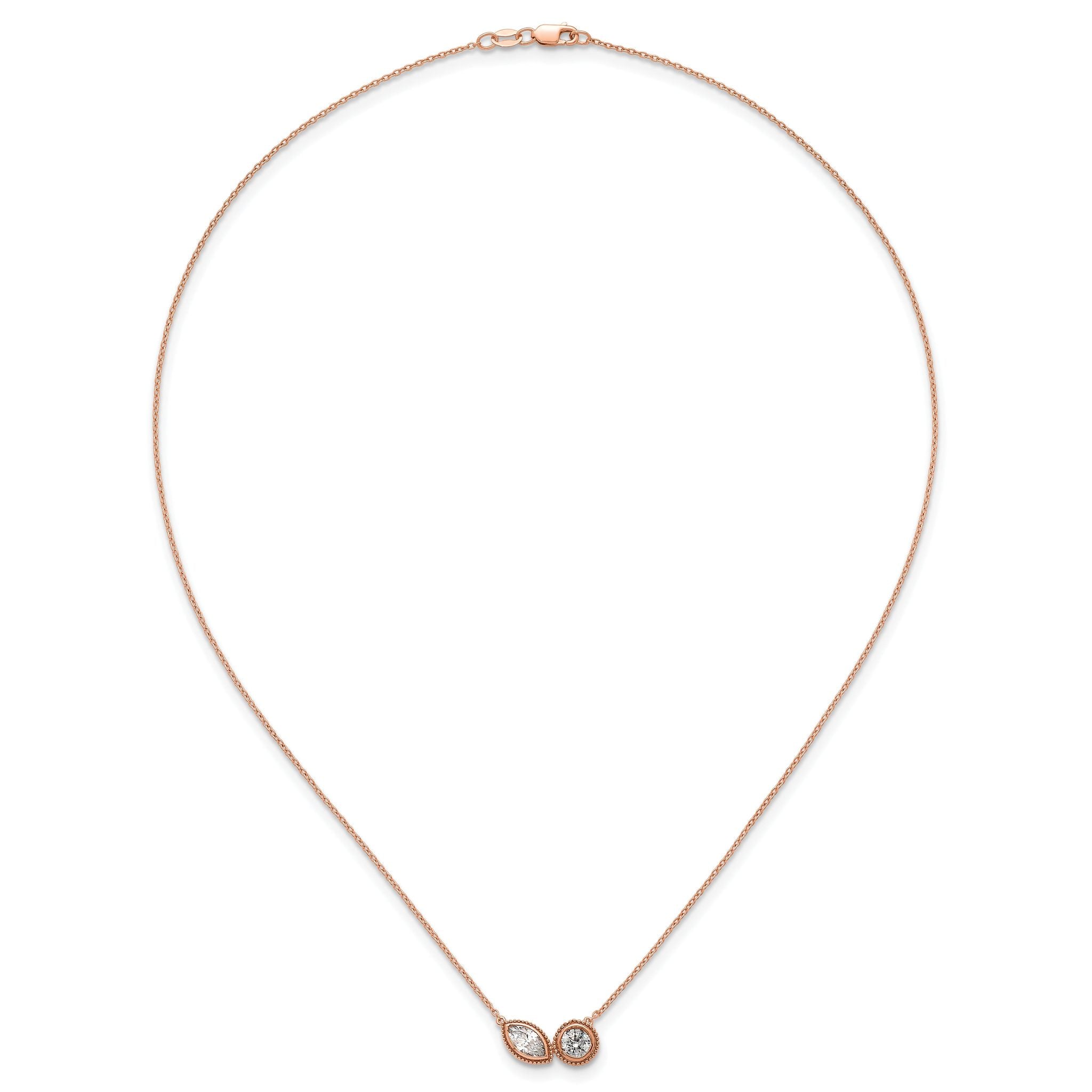 14k Rose Gold 1 carat Lab Grown Diamond VS+ F+ Complete 18 inch Two Stone Fashion Necklace