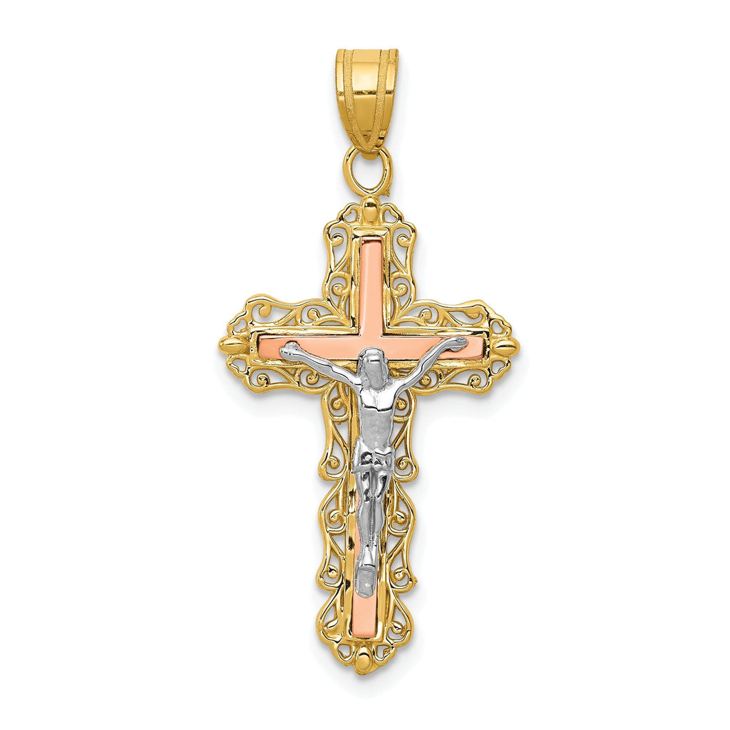 14K Tri-Color Gold Crucifix Pendant with Diamond-Cut Detail 35mm Elegant Charm