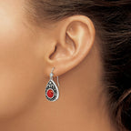 Stainless Steel Polished & Antiqued Red Cubic Zirconia Drop Dangle Earrings for Women