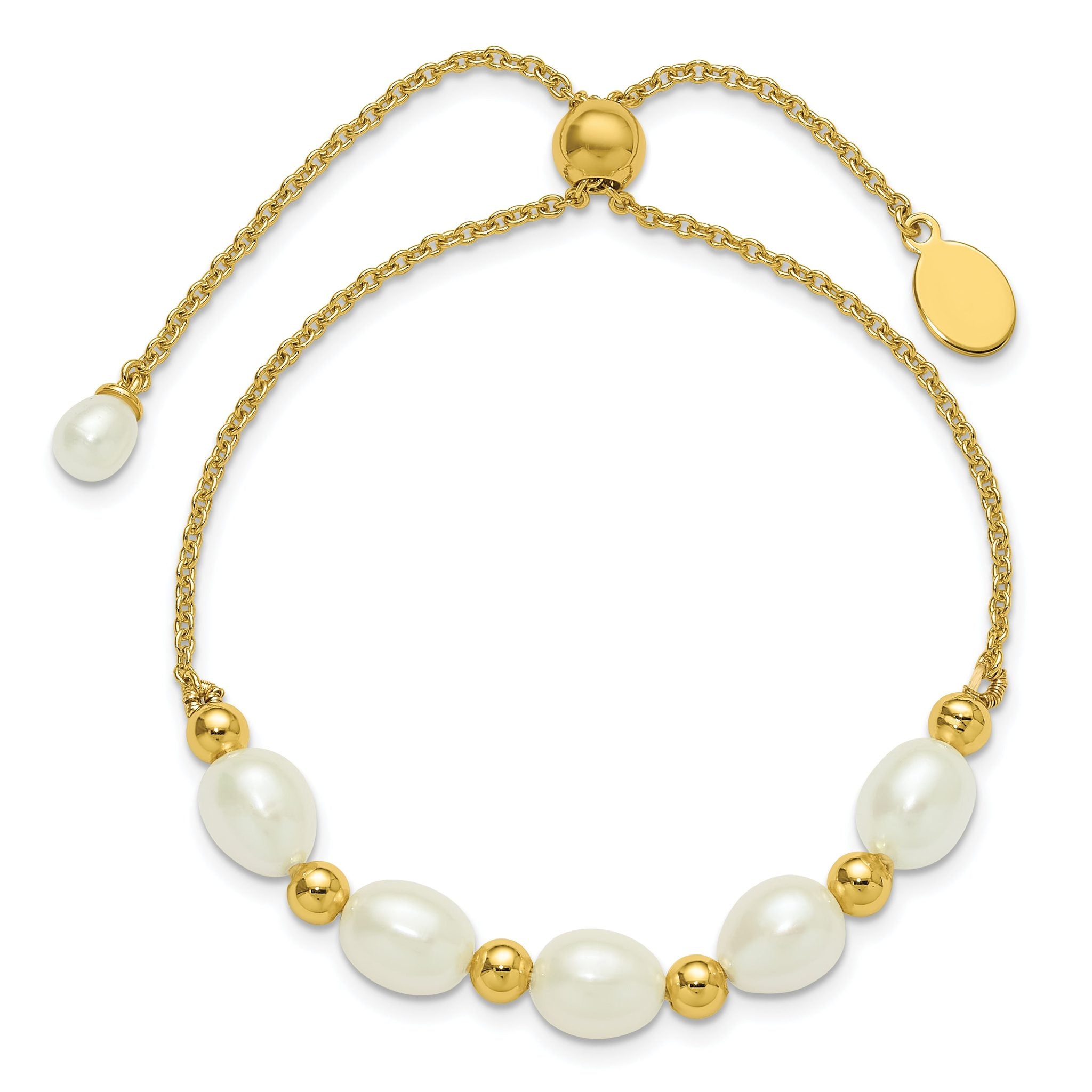 Sterling Silver Gold-tone Polished and Beaded 7-8mm Freshwater Cultured Rice Pearl Adjustable Bolo Bracelet Secondary image