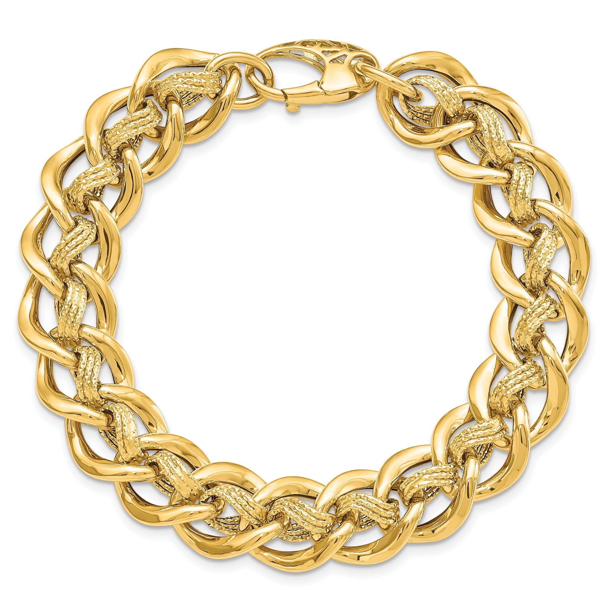 14k Polished and Textured Fancy Link Bracelet