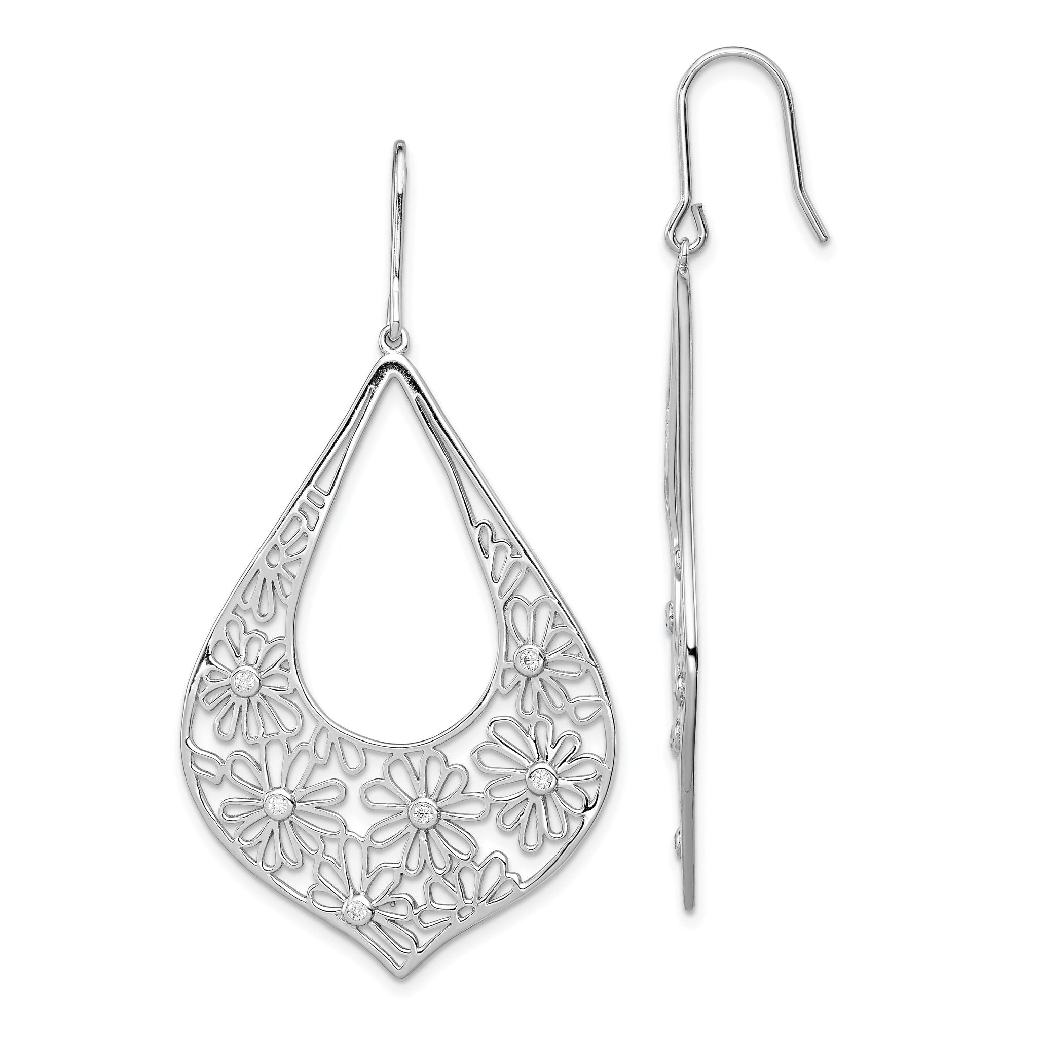 Sterling Silver Rhodium-plated Polished CZ Floral Teardrop Dangle Earrings Main image
