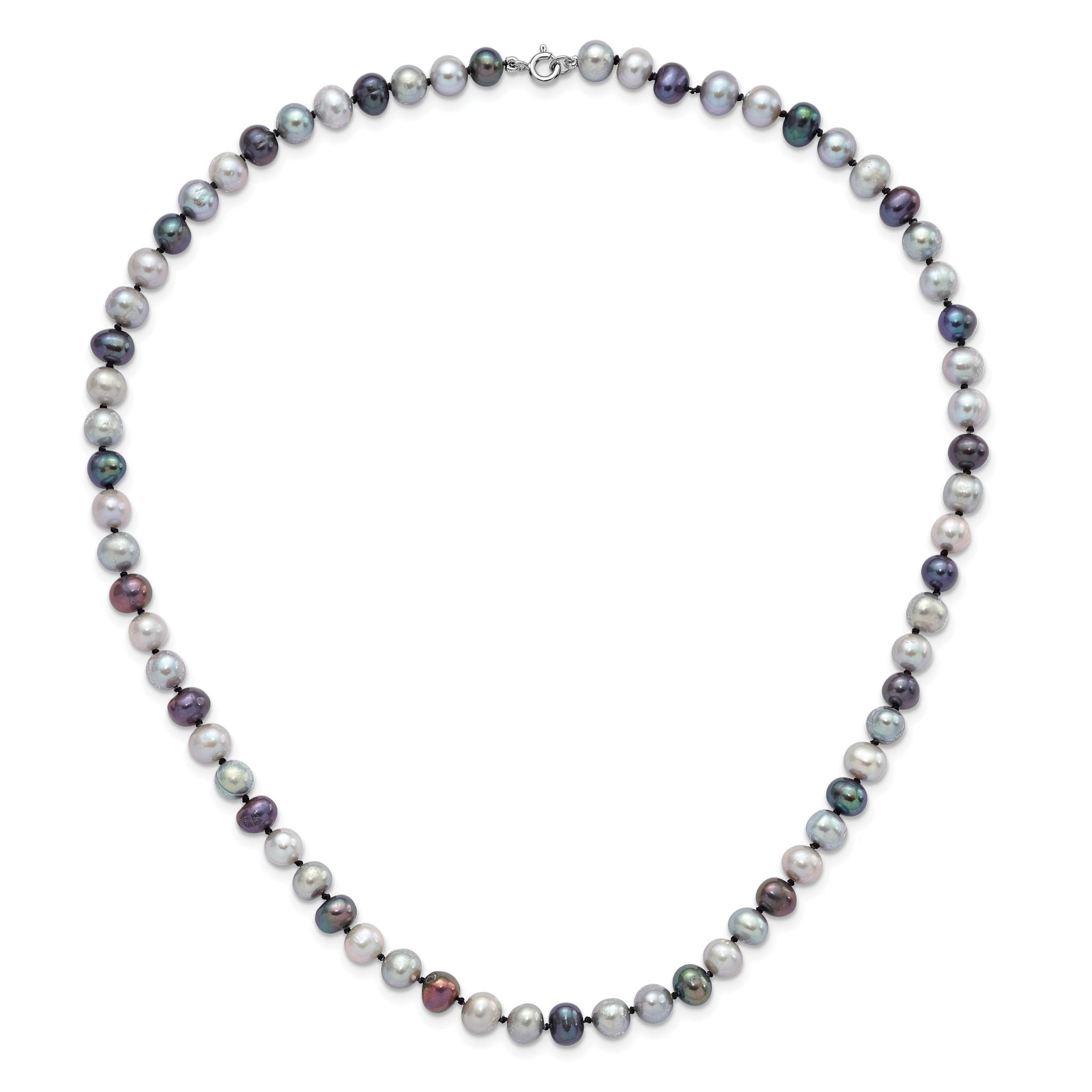 Sterling Silver Rhodium-plated 6-7mm Grey and Black Semi-Round Freshwater Cultured Pearl 18 inch Necklace and 7.25 Bracelet and 3-piece Button Post Earrings Set