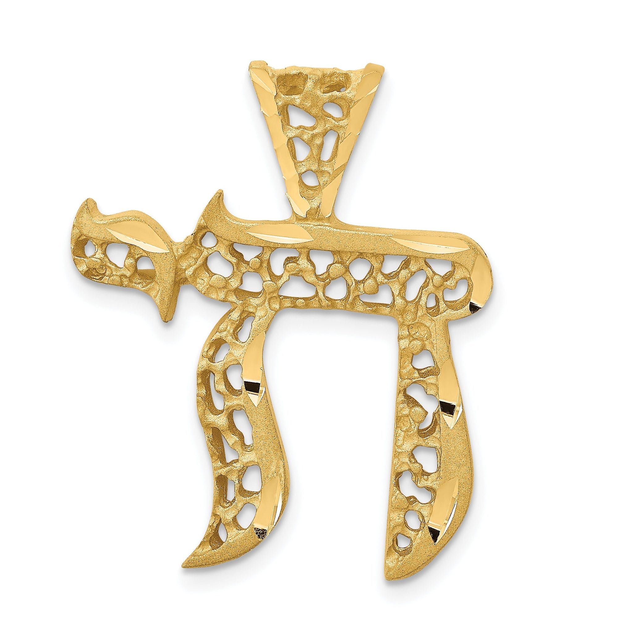 14K Gold Filigree Chai Pendant with Polished Diamond-Cut Finish