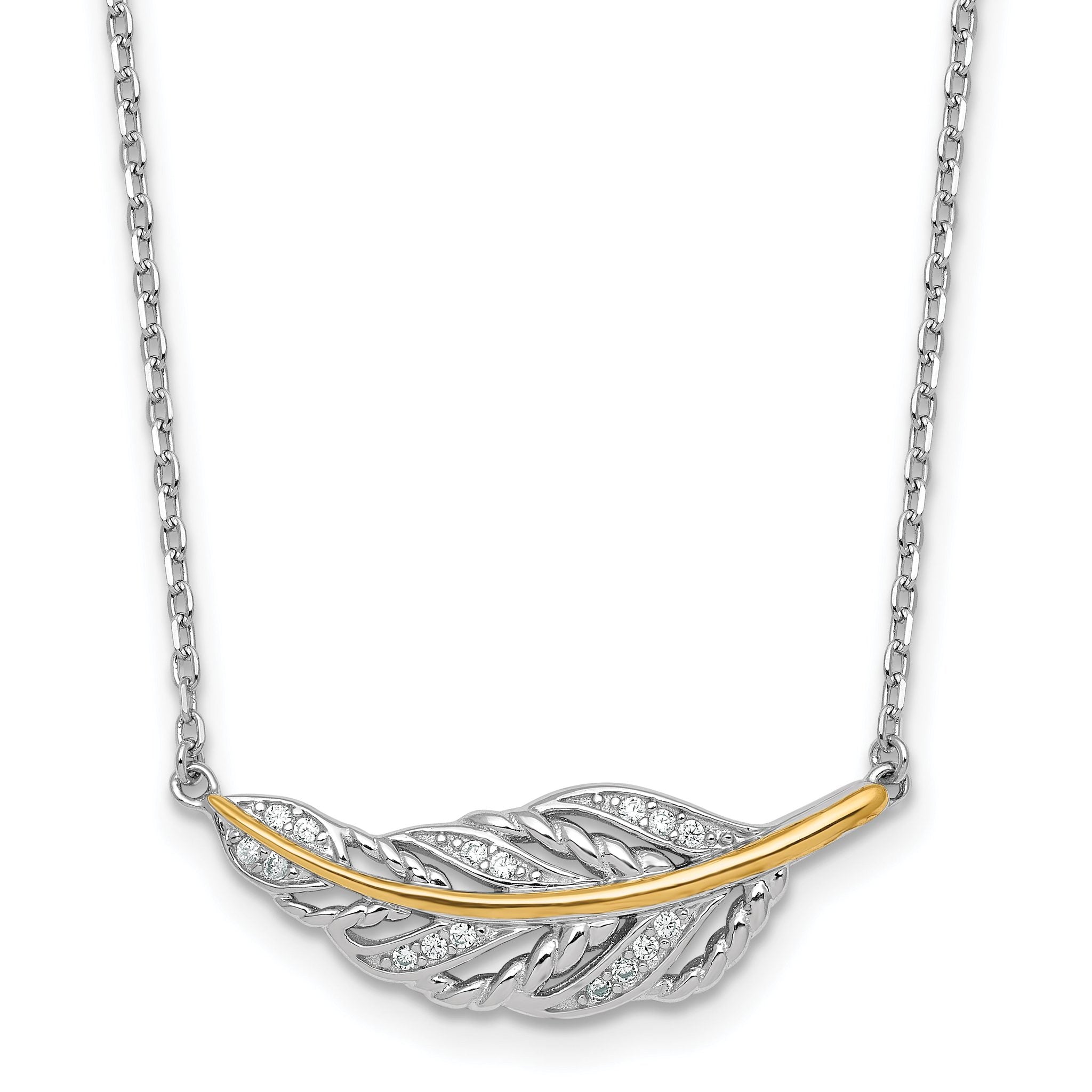 Sterling Silver Rhodium-plated with 14k Accent Polished CZ Feather 16 inch with 2 inch Extension Necklace Main image