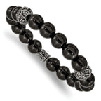 Stainless Steel Antiqued and Polished 10mm Black Agate Beaded Stretch Bracelet for Men