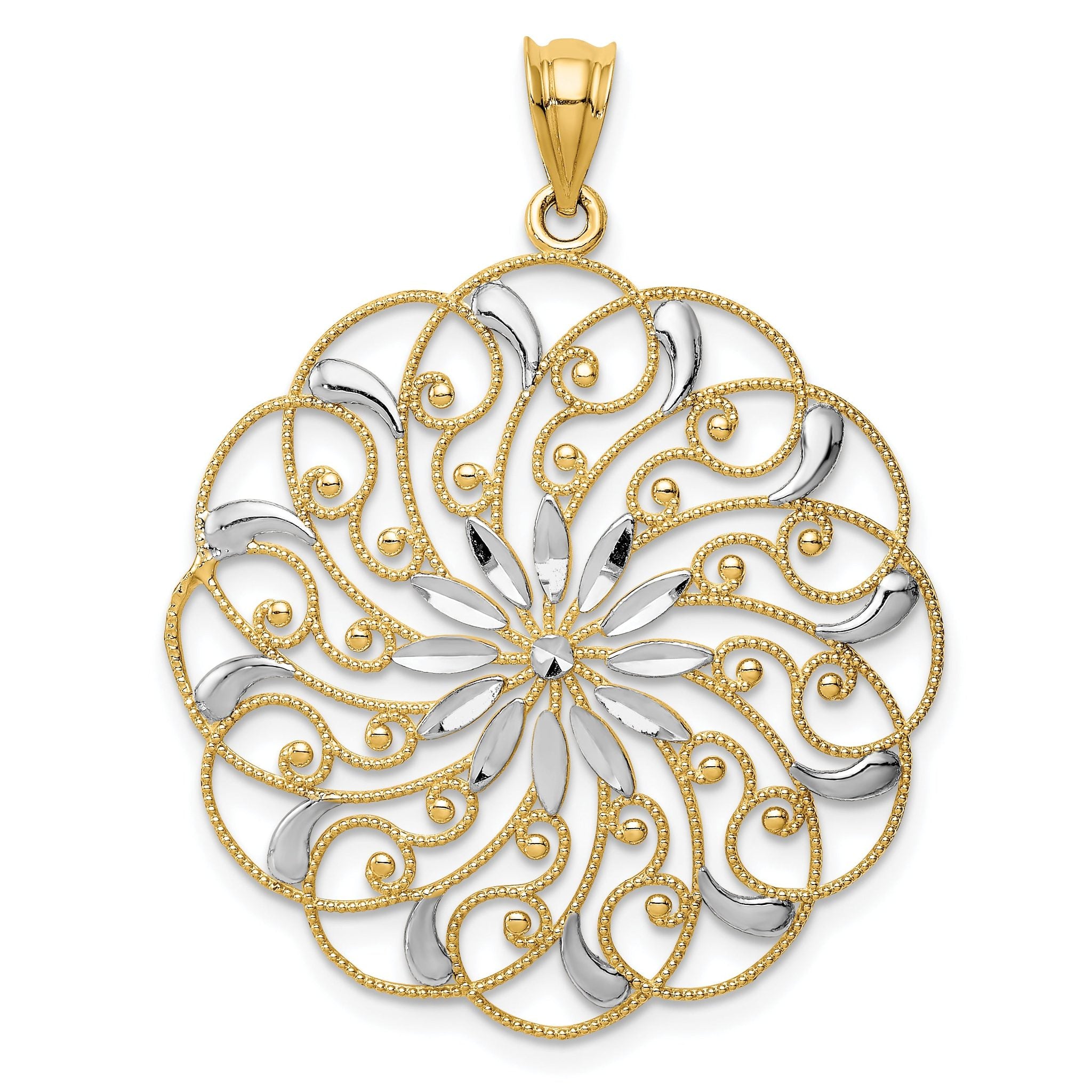 14K Gold Fancy Swirl Pendant with Rhodium Accents and Diamond-Cut Finish