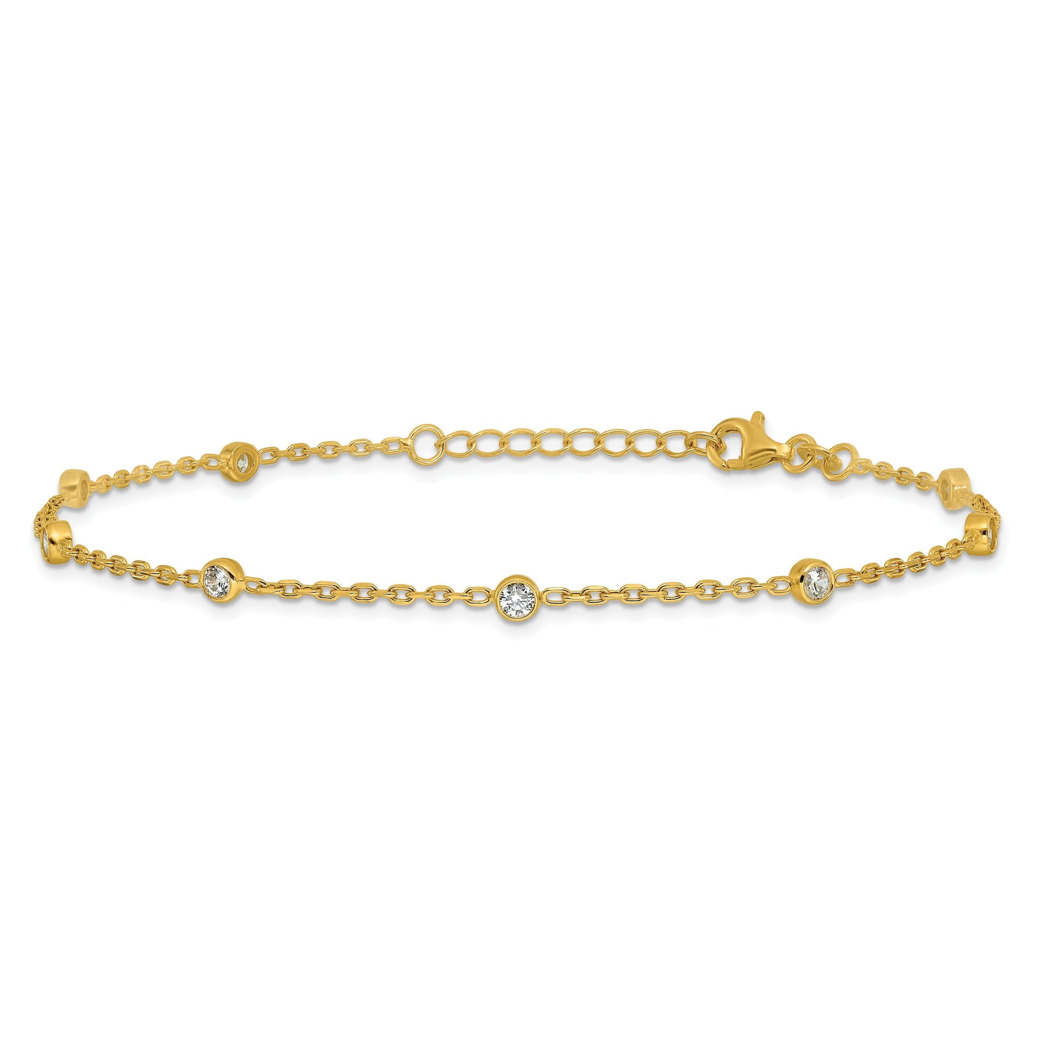 Sterling Silver Gold-tone Bezel CZ 8-Station 9 inch Plus 1 inch Extender - Total 10 inch Anklet