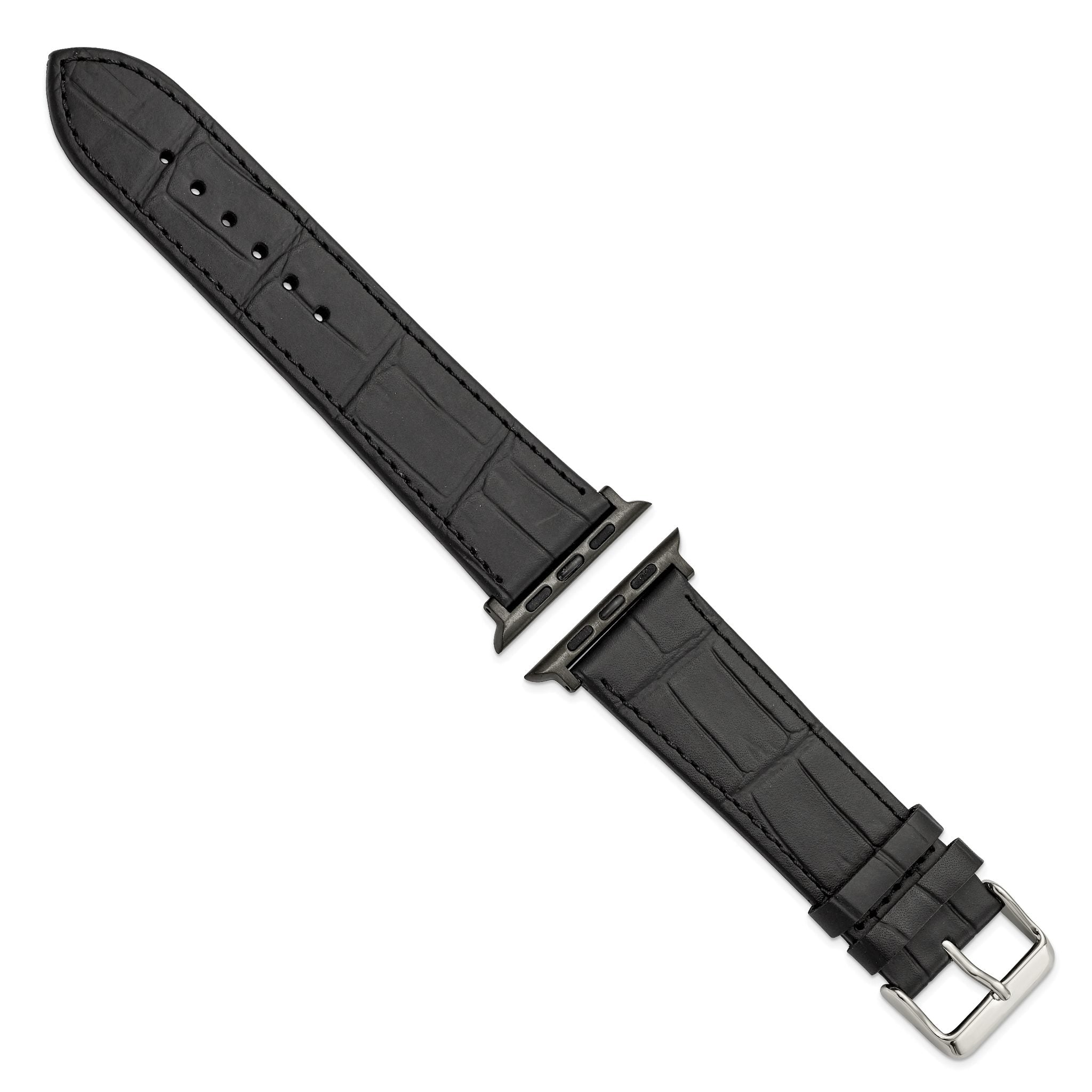 for Apple 38/40mm Smart Watch Black Gator Grain Calfskin Leather with Black Adapters and Stainless Steel Buckle 7.5 inch Watch Band
