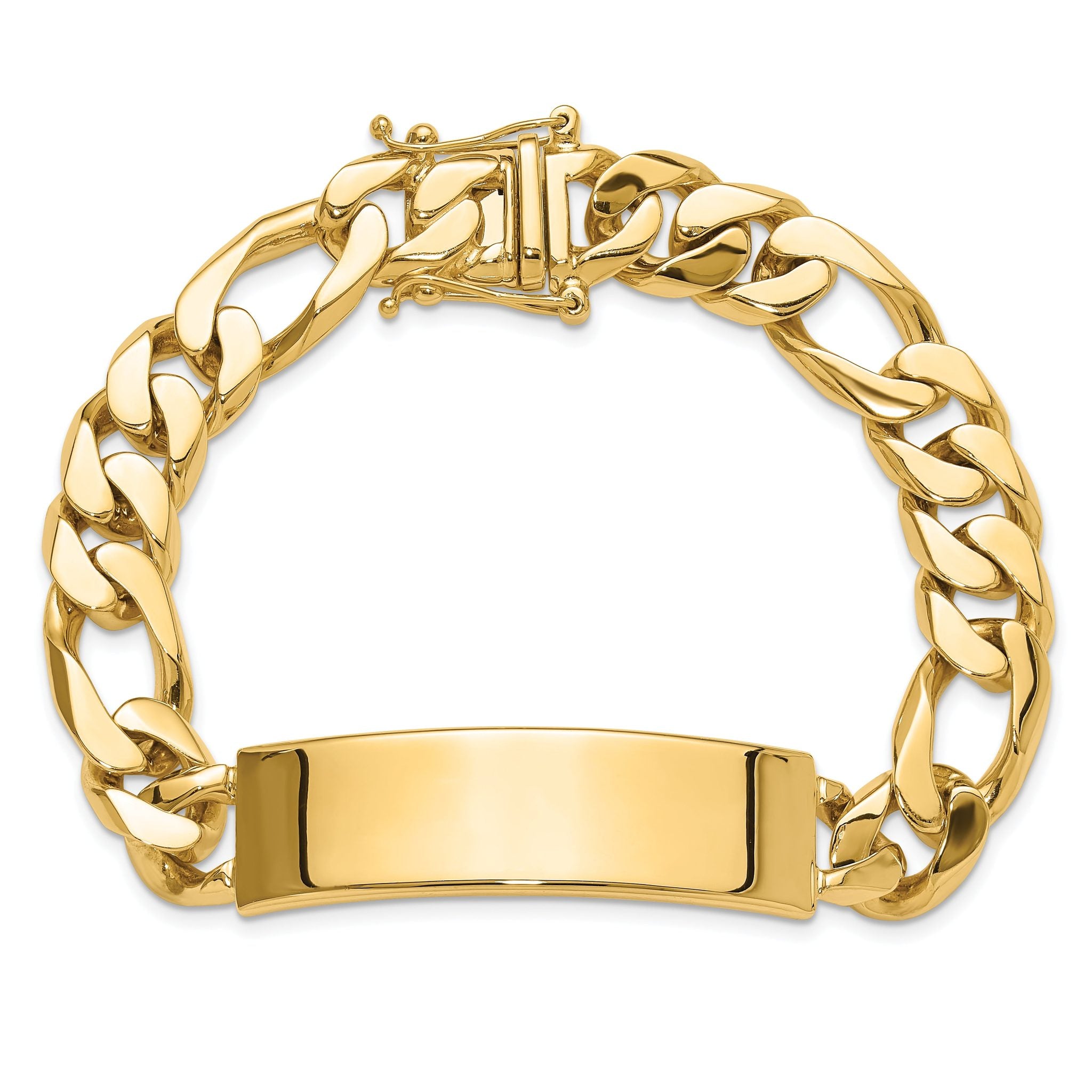 14k Hand-polished Solid Chain/Solid Plate Figaro Link 48x11mm Plate 8.5 inch ID Bracelet