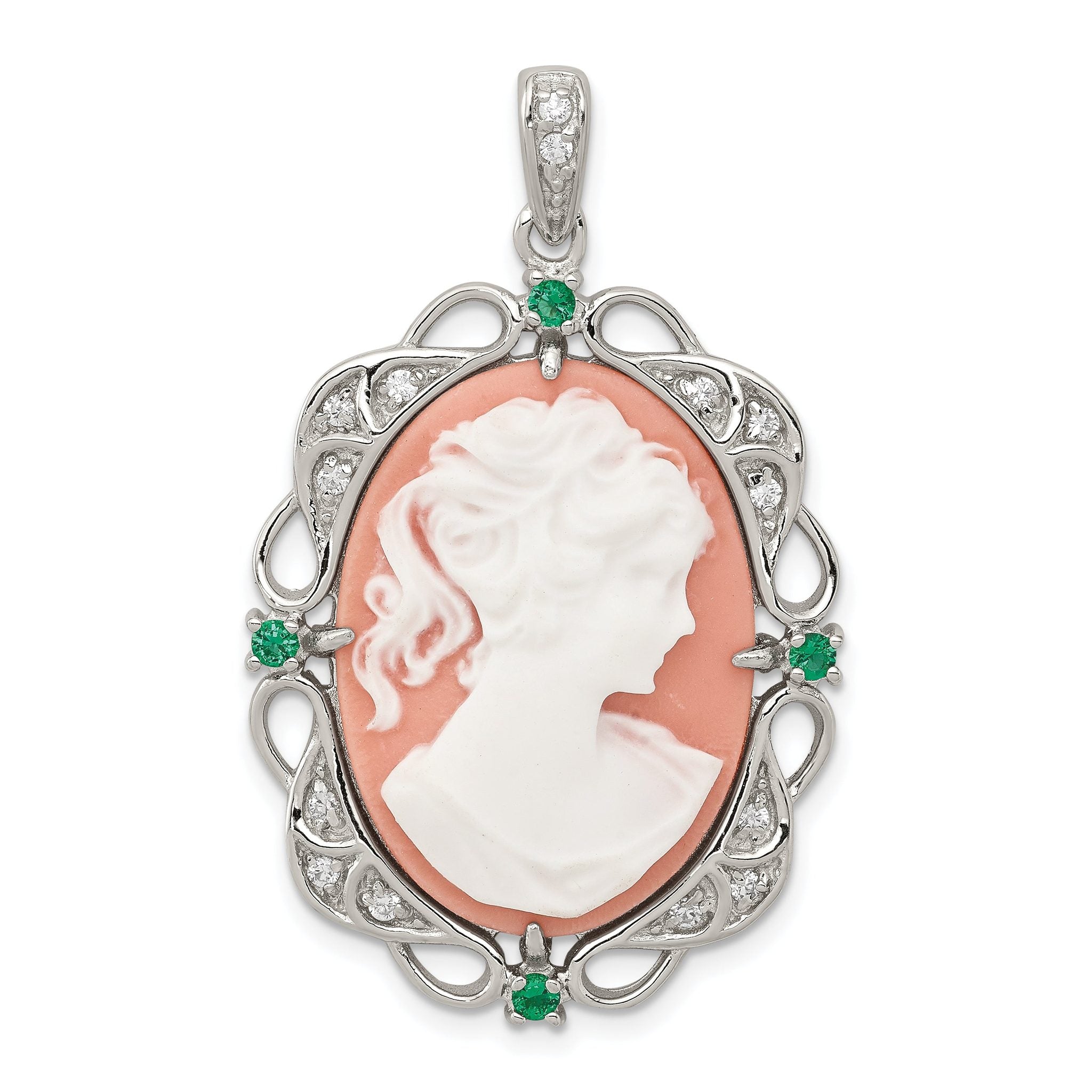 Sterling Silver Rhodium-plated Filigree Frame with Green Glass and Clear CZ Accents Plastic Pink Lady Cameo Pendant Main image
