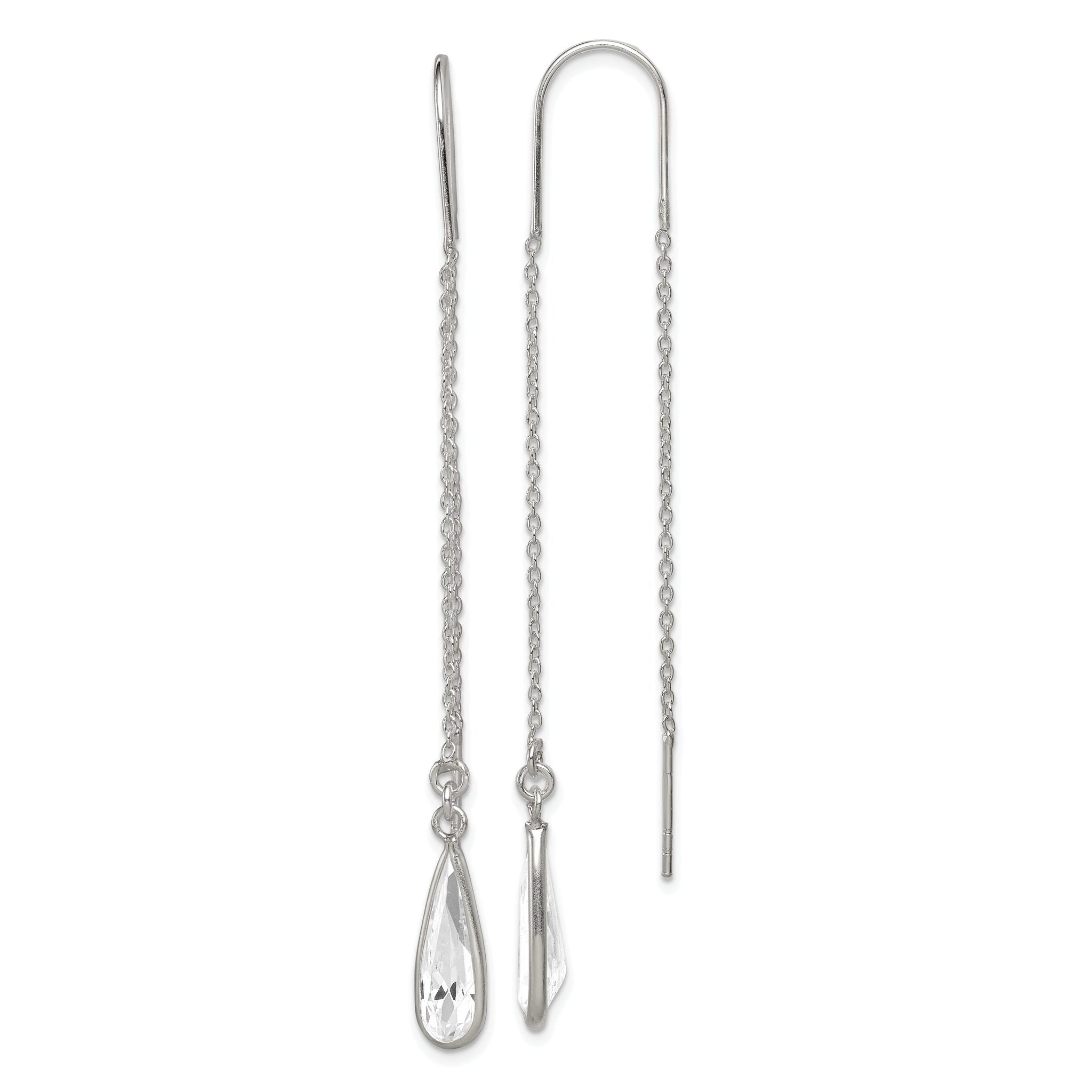 Sterling Silver Polished Crystal Teardrop Threader Earrings Main image