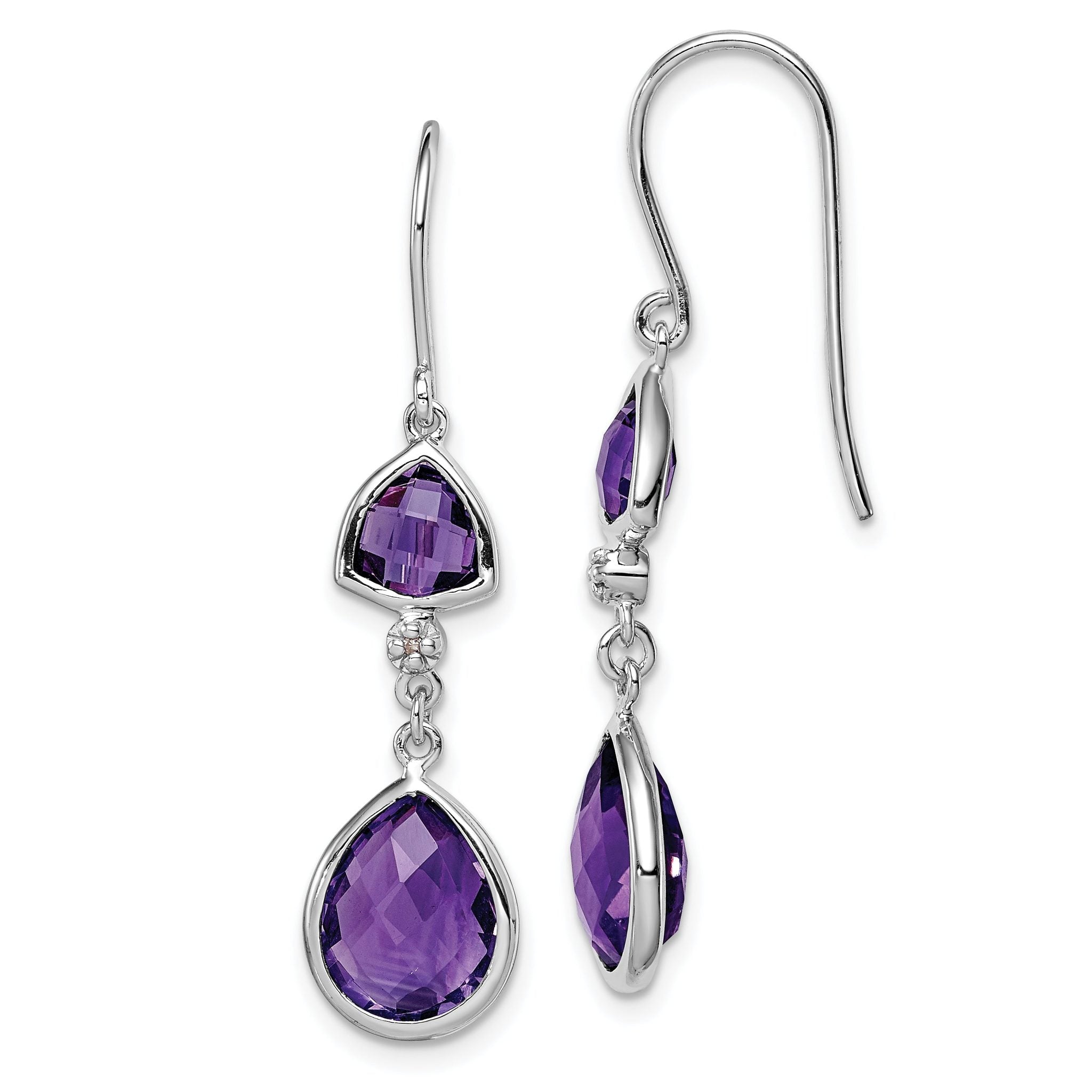 925 Sterling Silver Rhodium Plated Amethyst & Diamond Dangle Earrings  Elegant Birthstone Style