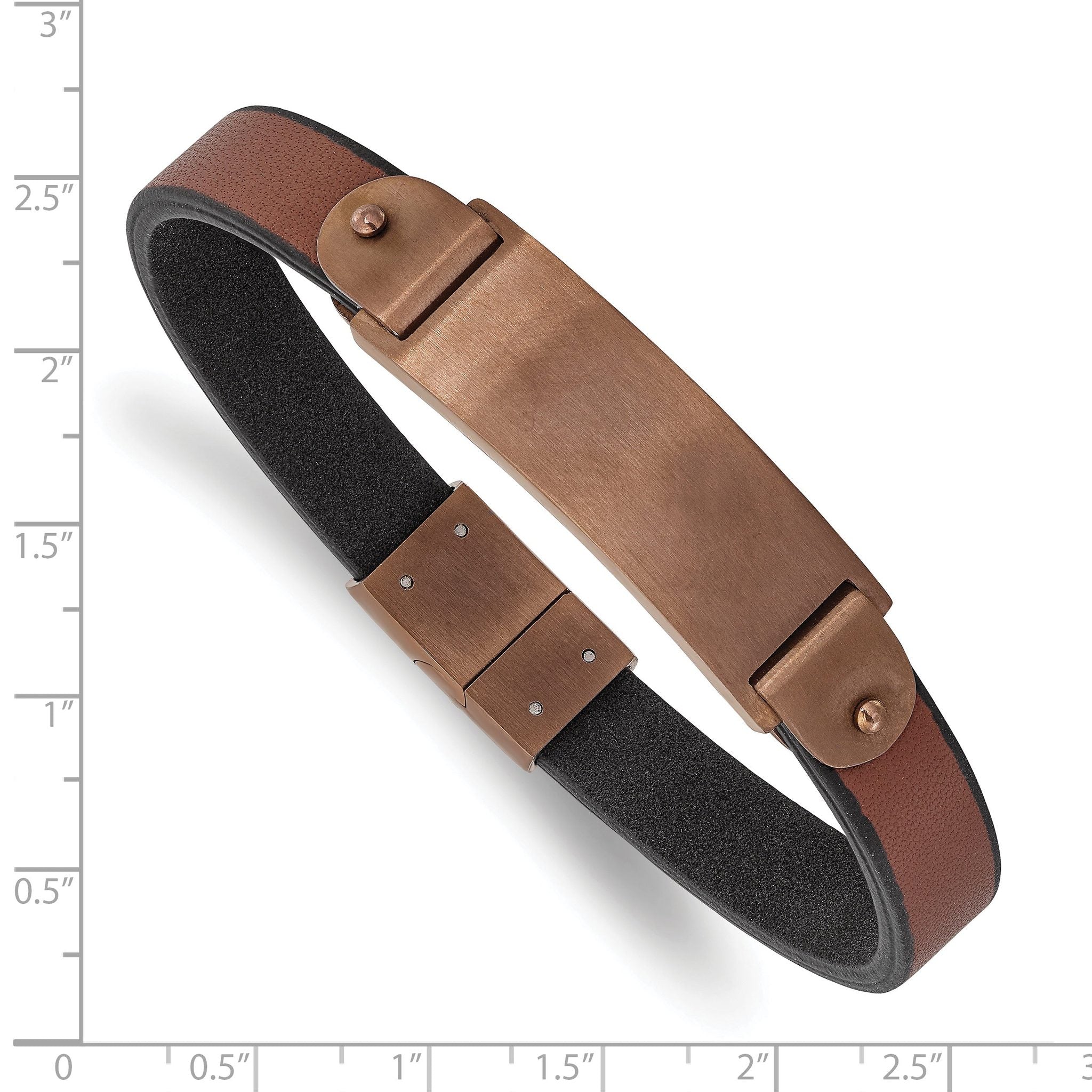 Stainless Steel Brushed Brown IP-plated Brown Leather ID Bracelet for Men