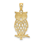 14K Yellow Gold Diamond-Cut Owl Pendant with Rhodium Accents Polished Finish