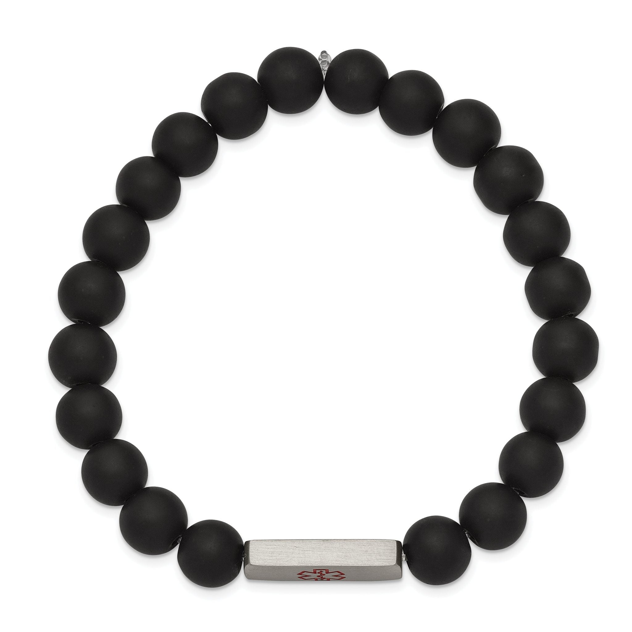 Stainless Steel Brushed Medical ID Plate Black Agate Bead Stretch Bracelet Secondary image