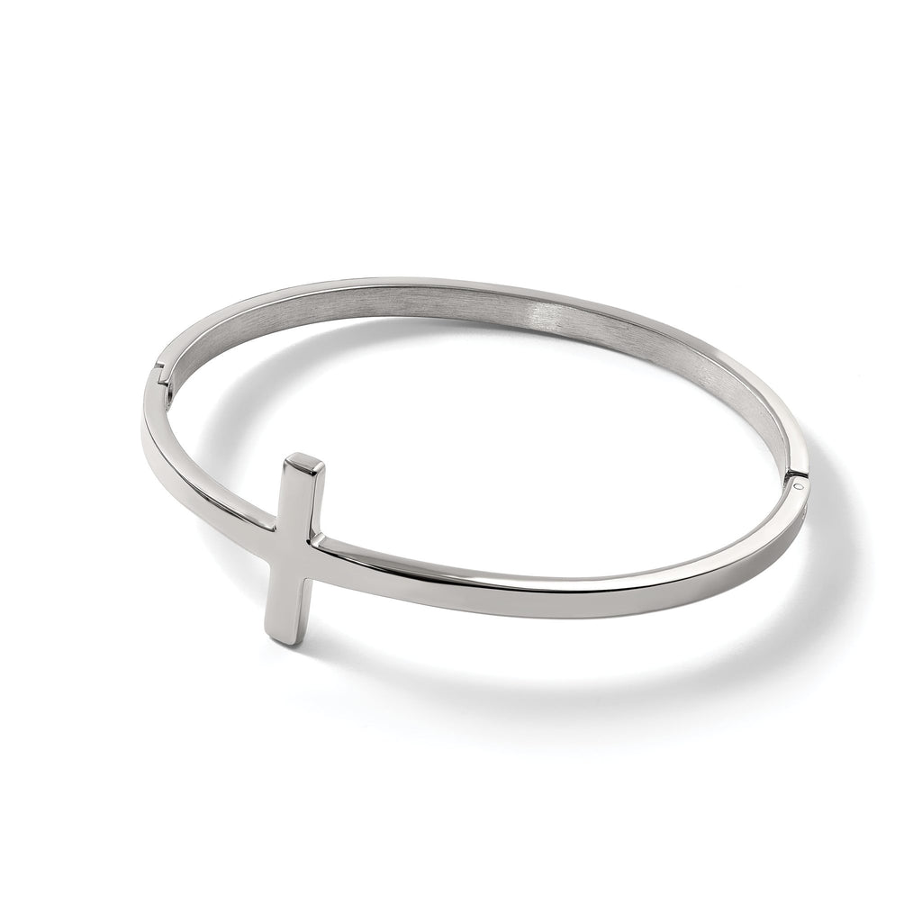 Stainless Steel Polished Sideways Cross Hinged Bangle Bracelet for Women