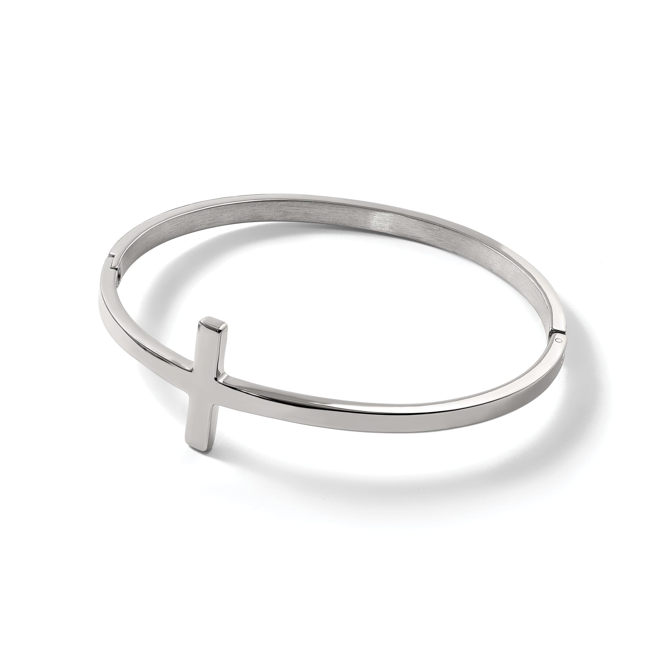 Stainless Steel Polished Sideways Cross Hinged Bangle Bracelet for Women