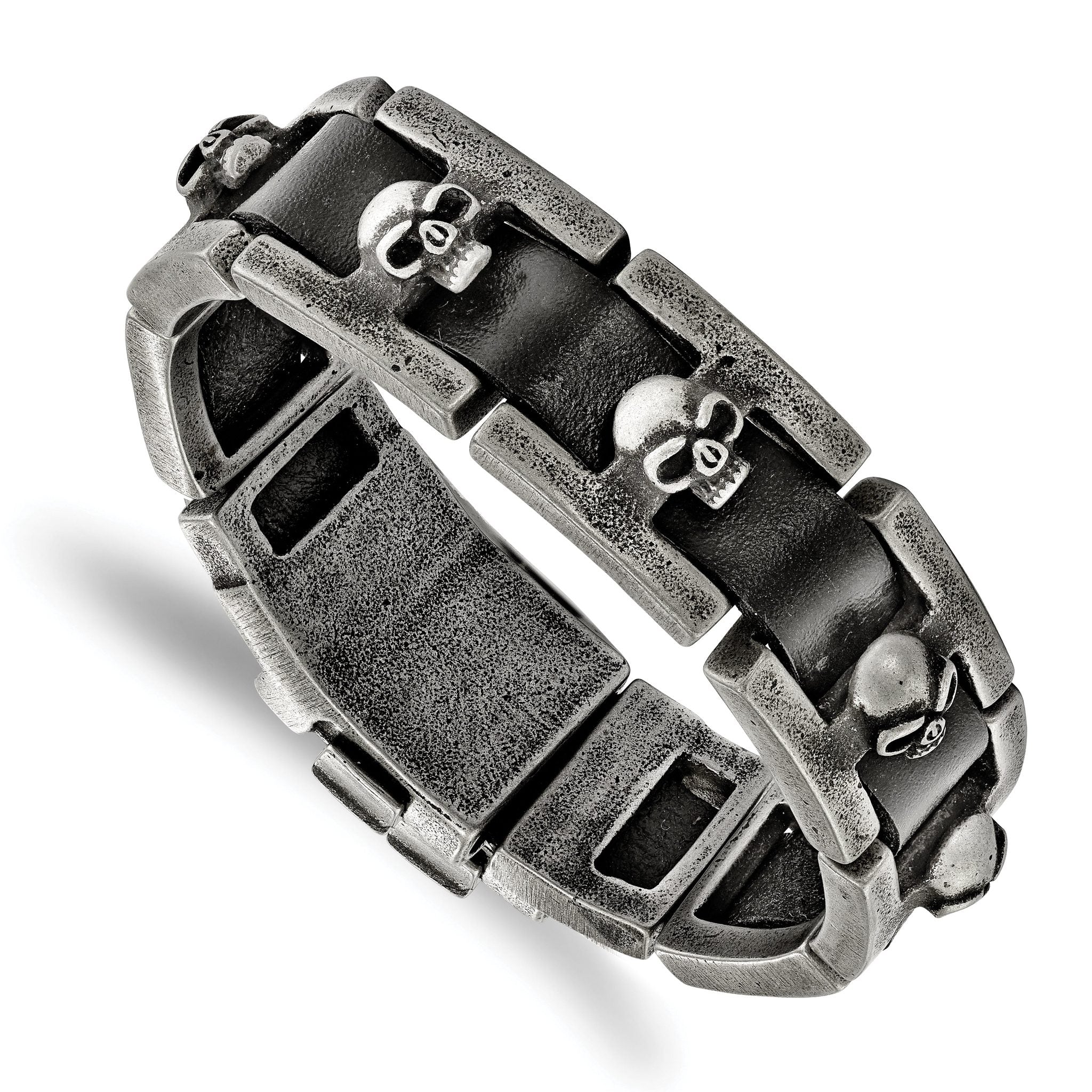 Stainless Steel Antiqued and Brushed Skulls Black Leather Link Bracelet for Men Main image