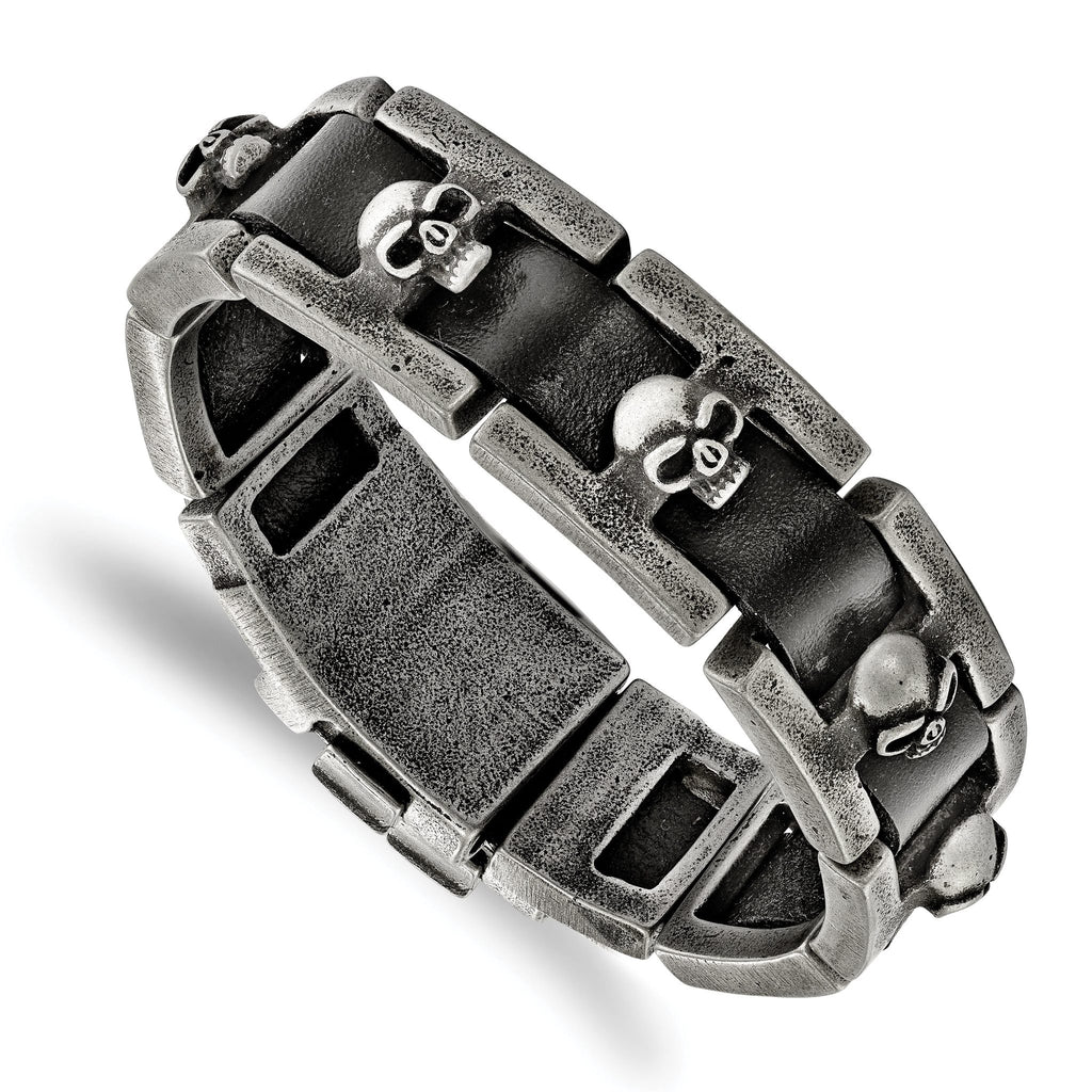 Stainless Steel Antiqued and Brushed Skulls Black Leather Link Bracelet for Men