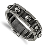 Stainless Steel Antiqued and Brushed Skulls Black Leather Link Bracelet for Men