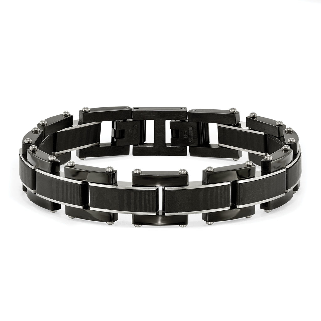 Stainless Steel Polished Black IP-plated with Black Carbon Fiber Link Bracelet for Men