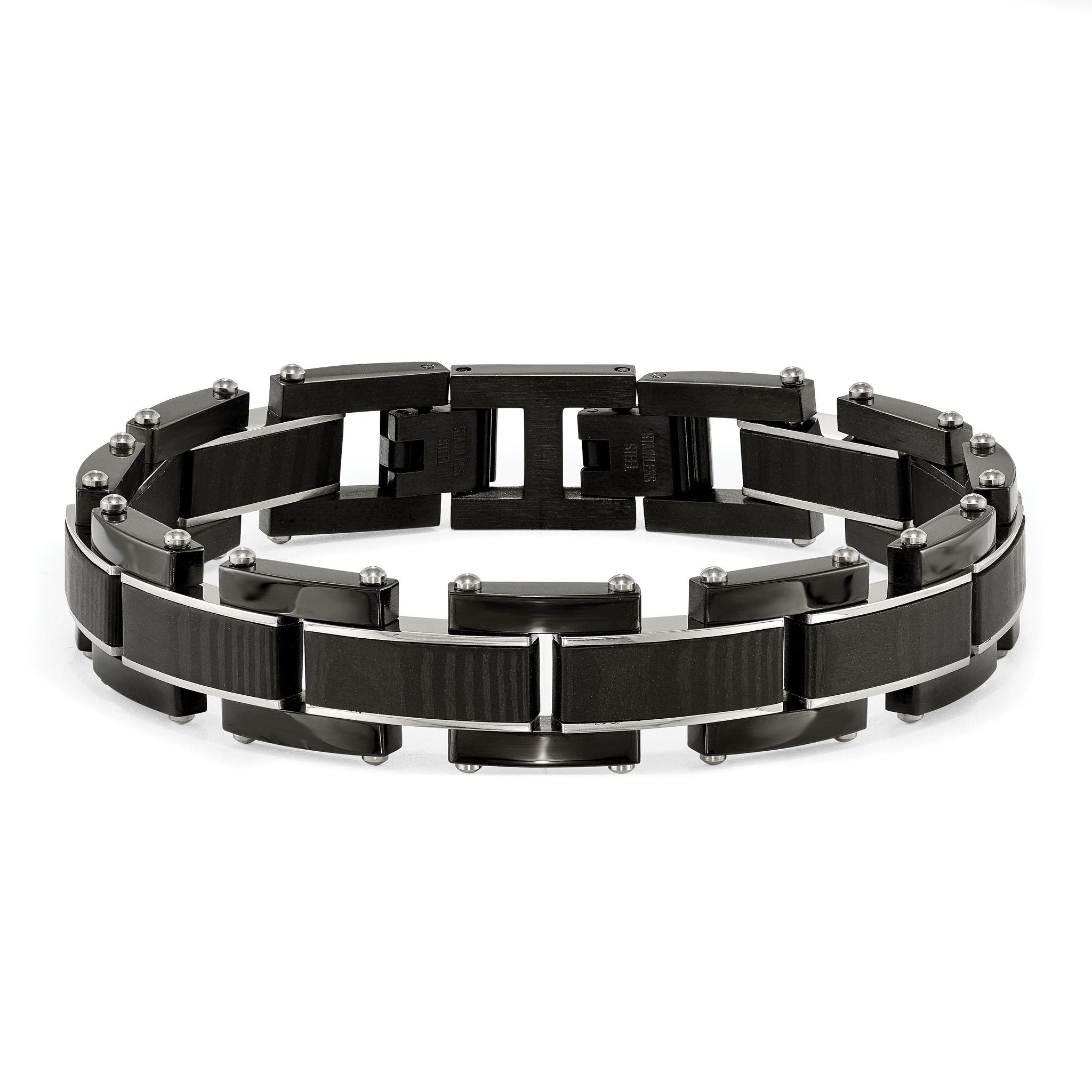 Stainless Steel Polished Black IP-plated with Black Carbon Fiber Link Bracelet for Men