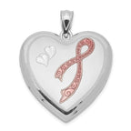 Sterling Silver Rhodium-plated 24mm Enameled Diamond Cut  Pink Ribbon Heart Locket