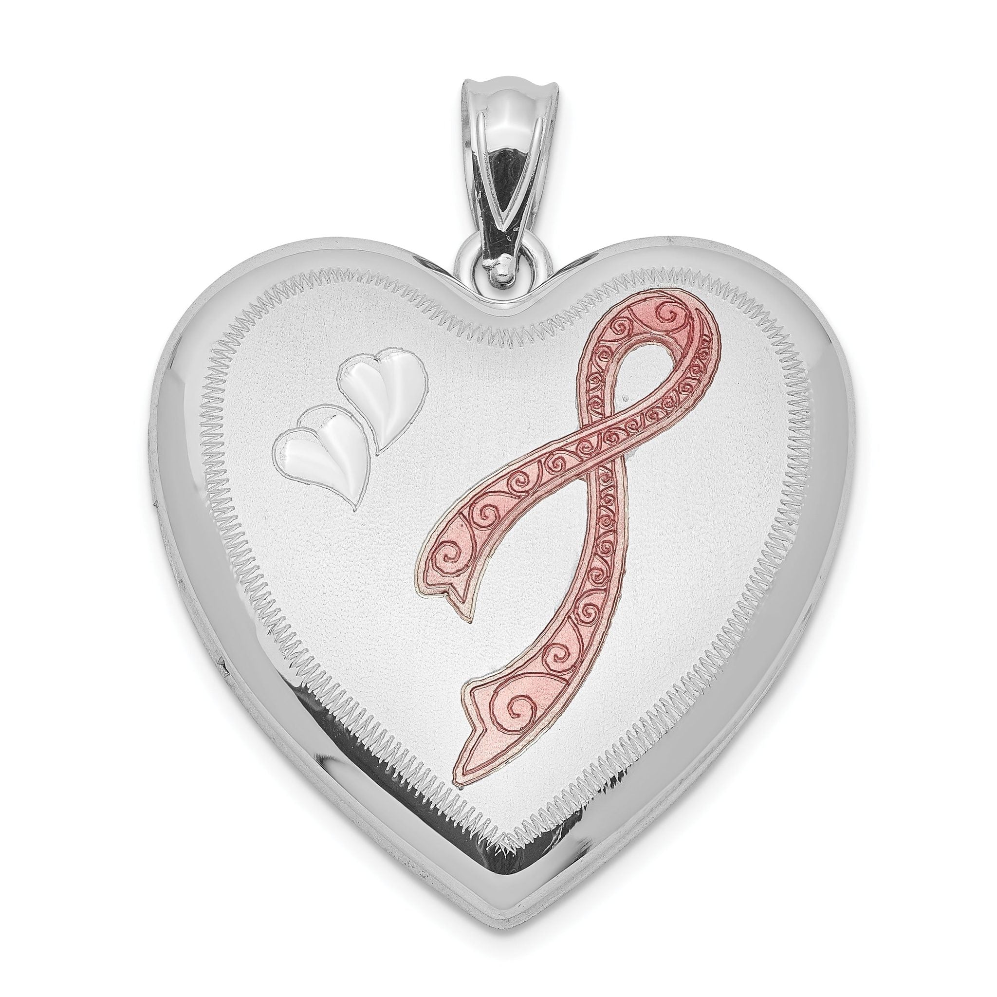 Sterling Silver Rhodium-plated 24mm Enameled Diamond Cut  Pink Ribbon Heart Locket