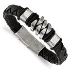 Stainless Steel Brushed and Polished Black Woven Leather Bracelet with . Extension
