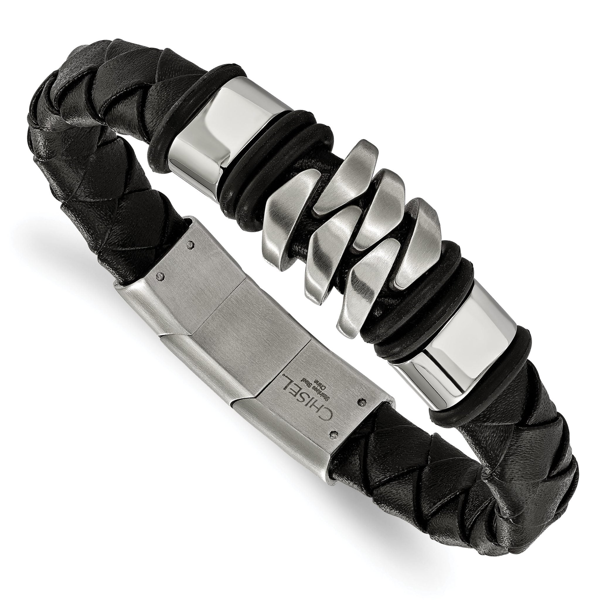 Stainless Steel Brushed and Polished Black Woven Leather Bracelet with . Extension